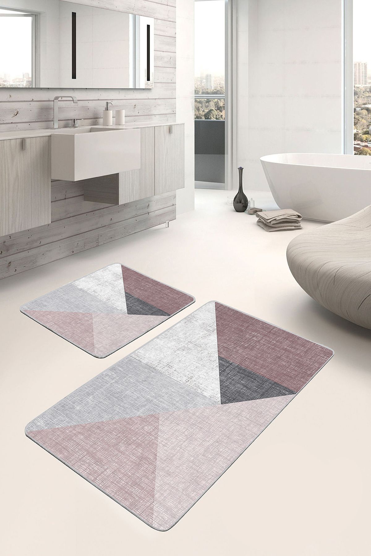 Realhomes 2'li Set Pembe - Gri Zeminde Geometrik Motifli Üçgen Geometrik Modern 2'li Banyo Paspas Takımı