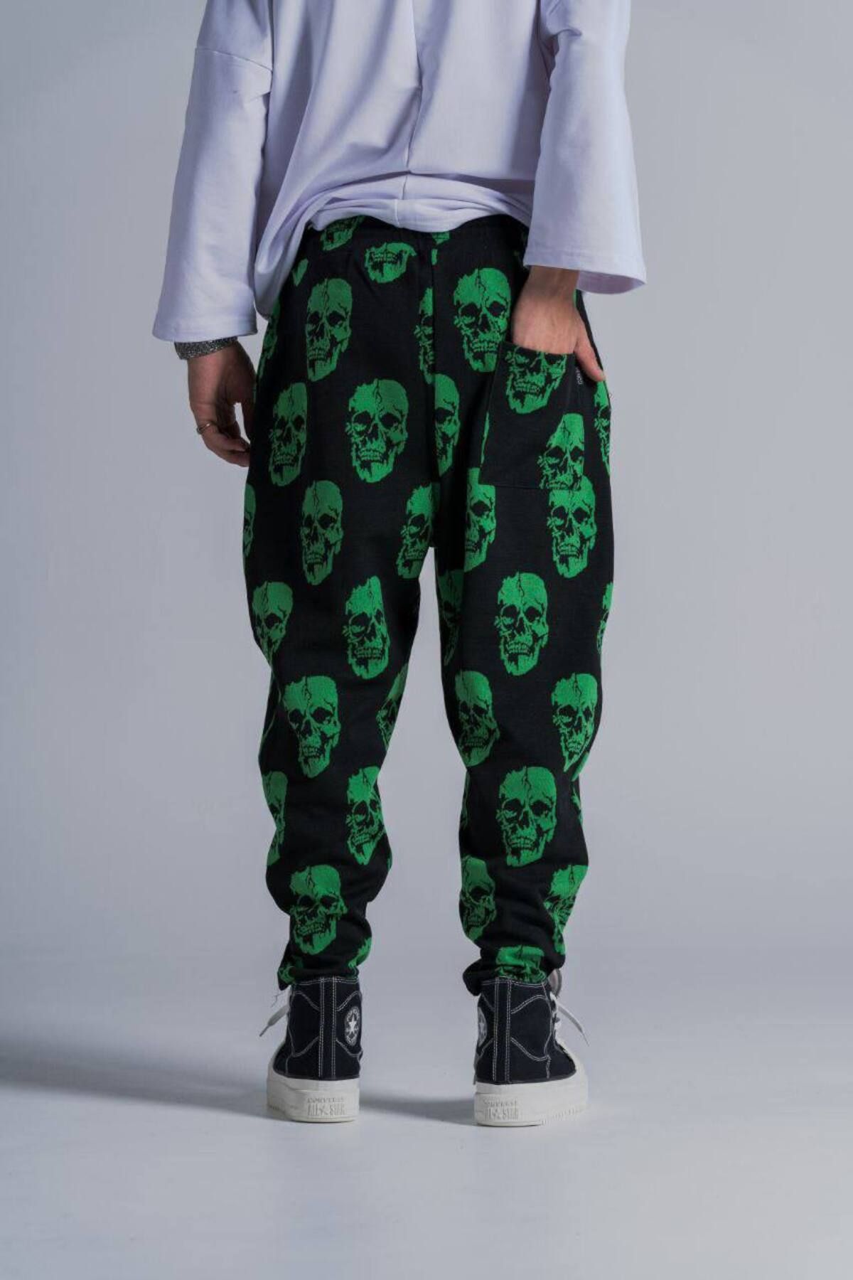 SUPERBLUE-Men's Patterned Green Baggy Trousers with Elastic Waist 4