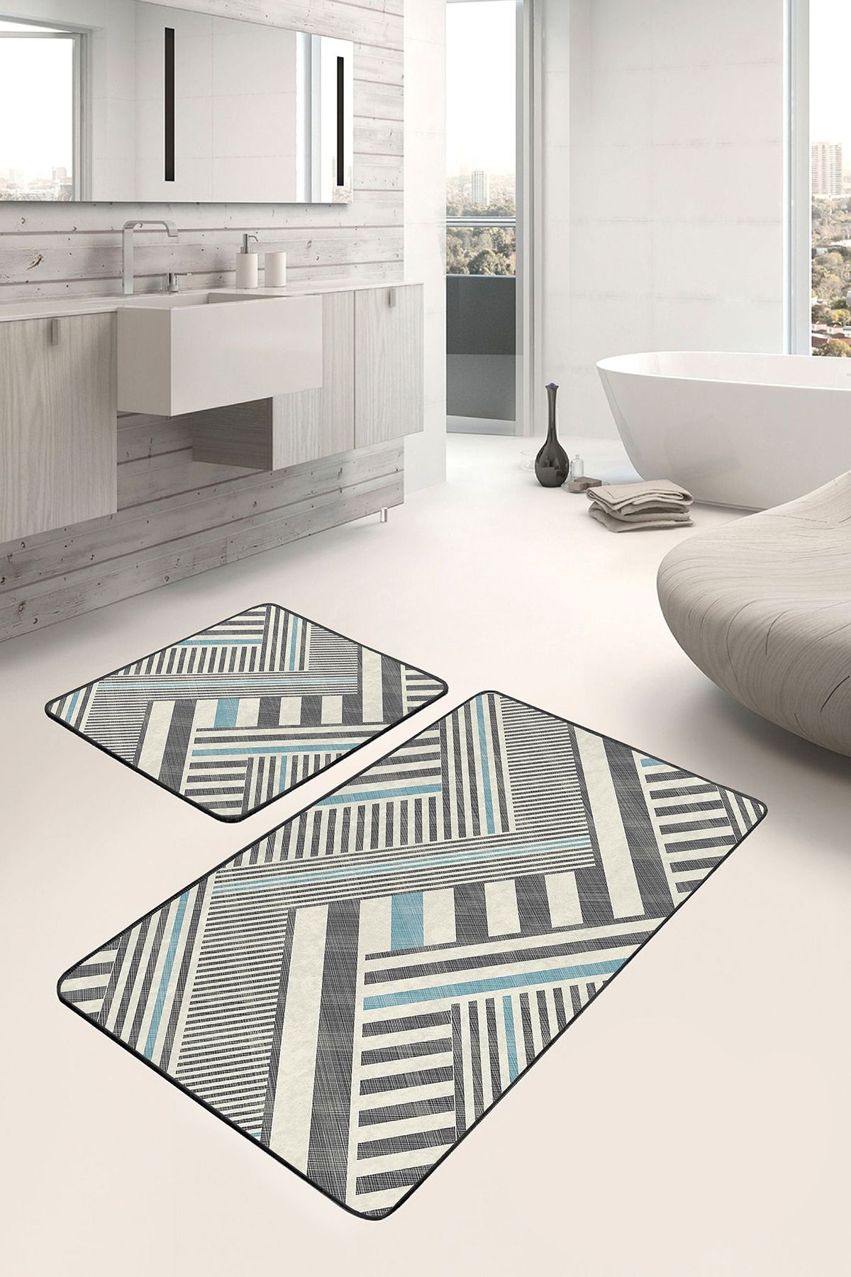 Realhomes Krem - Füme Zeminde Geometrik Motifli Kanvas Sade & Şık Geometrik 2'li Banyo & Mutfak Paspas Takımı