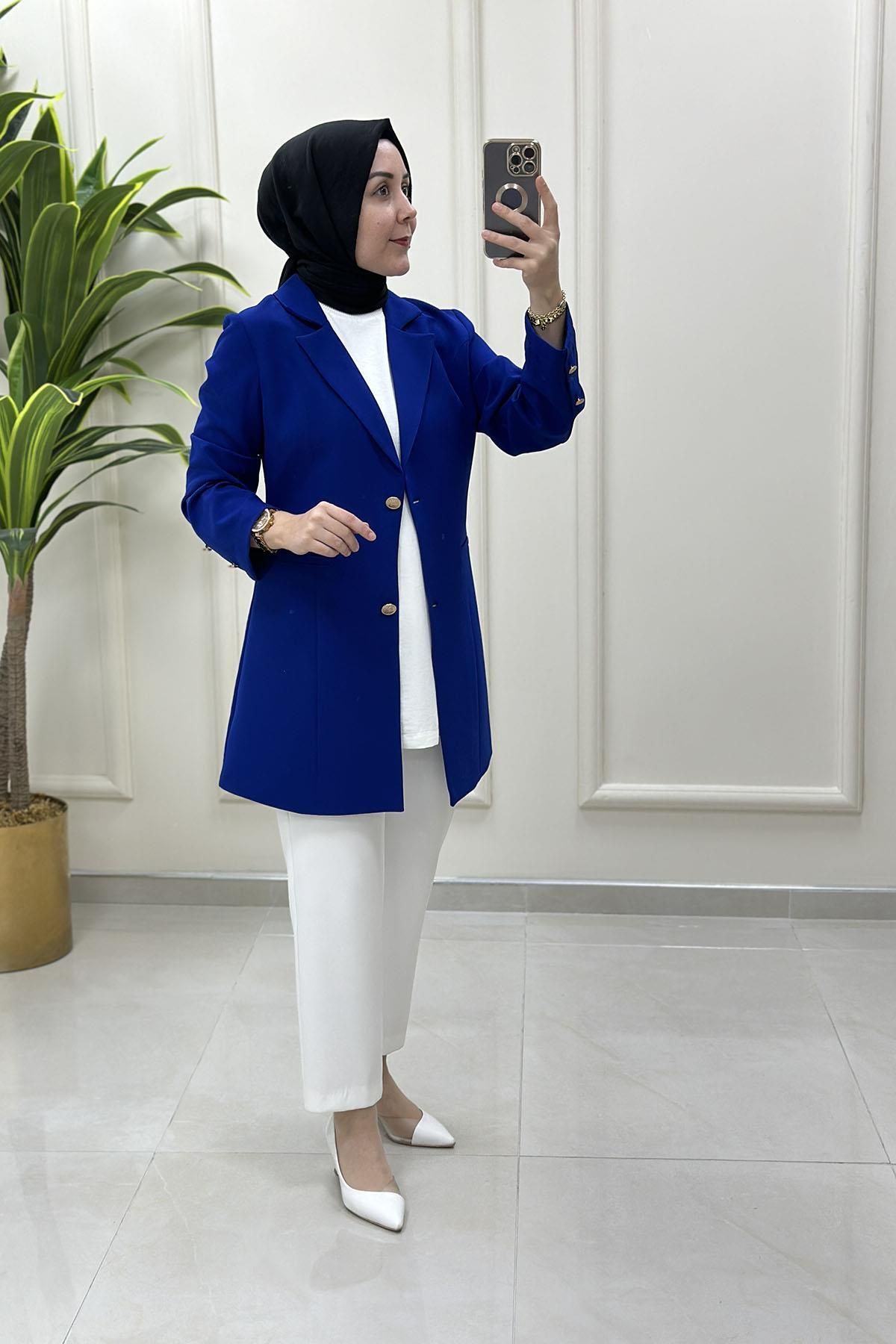 çınar özkan Kruvaze Yaka Kadın Blazer Ceket Saks Mavisi CNR 2070