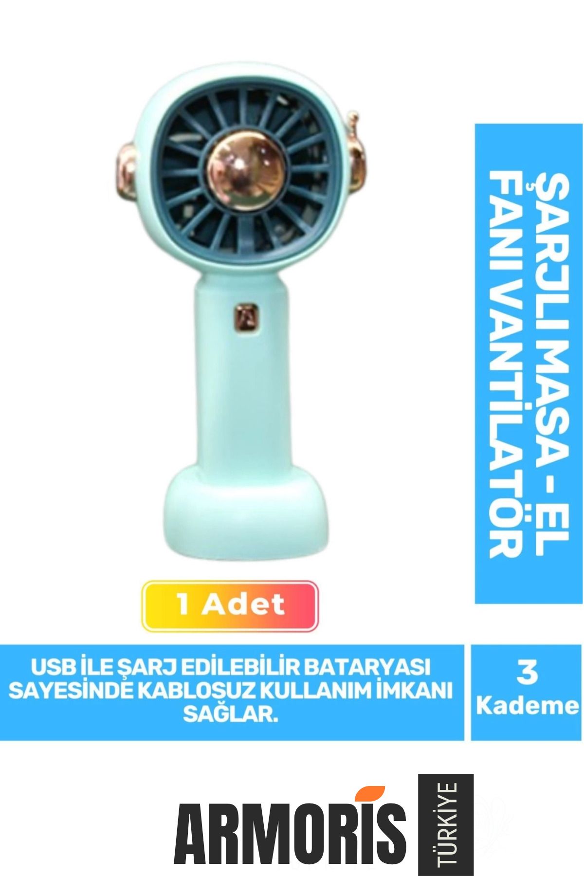 Armoris Yeni Nesil Sessiz 3 Kademeli Kablosuz 1200mAh Pervaneli Taşınabilir Şarjlı Masa El Fanı Vantilatör