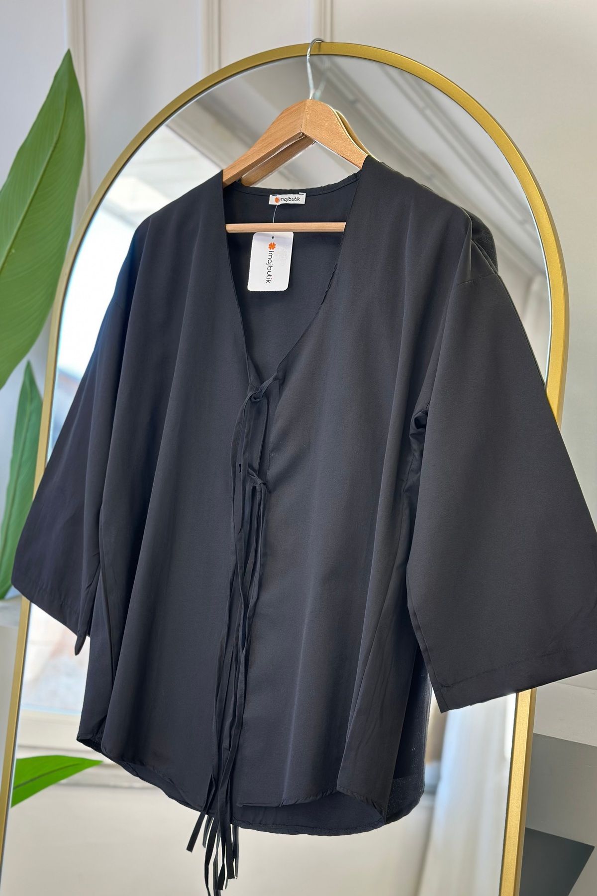 İmajButik Siyah Ön Bağlamalı Kimono Tunik