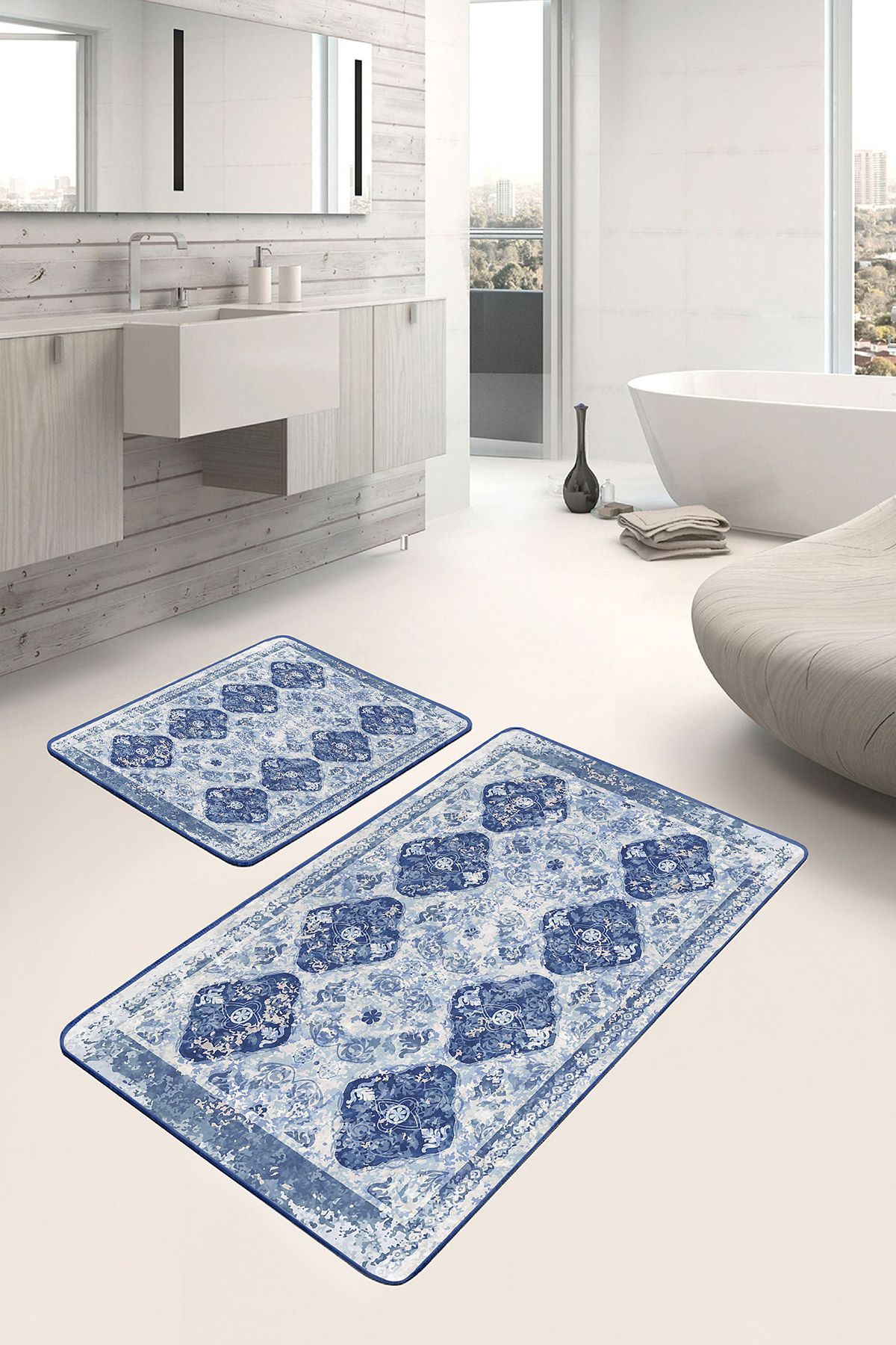 Realhomes Lacivert Zeminde Otantik Motifli Kilim Avangarde Eskitme Motifli 2'li Banyo & Mutfak Paspas Takımı