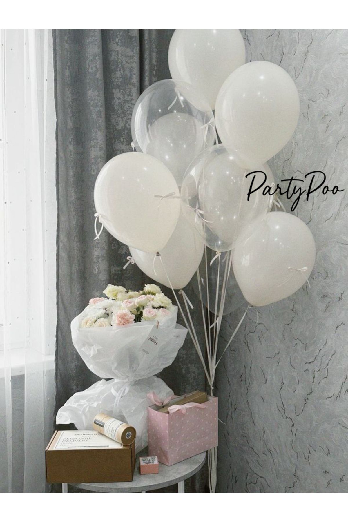 PartyPoo Beyaz Fiyonklu Balon Seti 10 Adet Şeffaf Beyaz Balon 30 Adet Beyaz Fiyonk Kurdeleli Balon