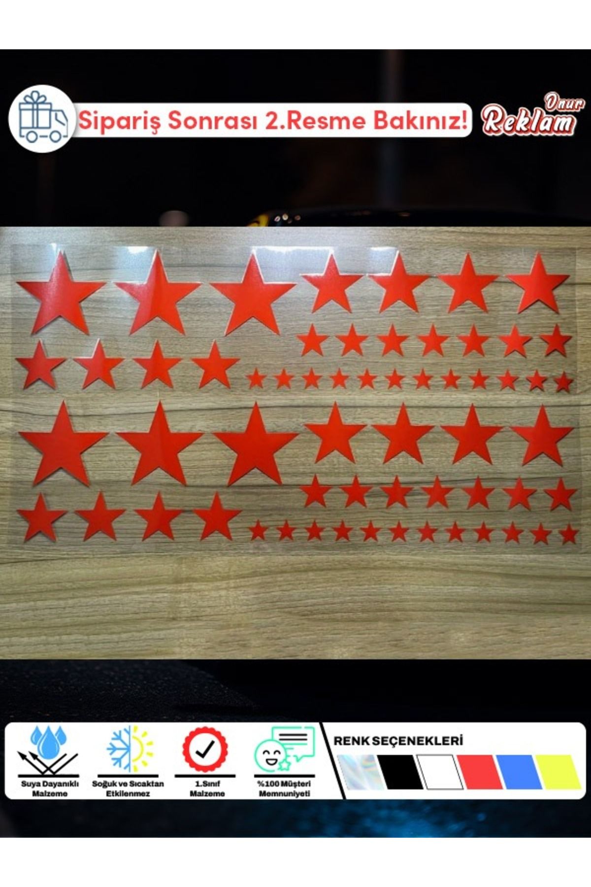 Onur Reklam Holografik Yıldız Sticker Seti – 60+ Parça | Suya Dayanıklı, Farklı Boyutlarda Parlak Tasarım