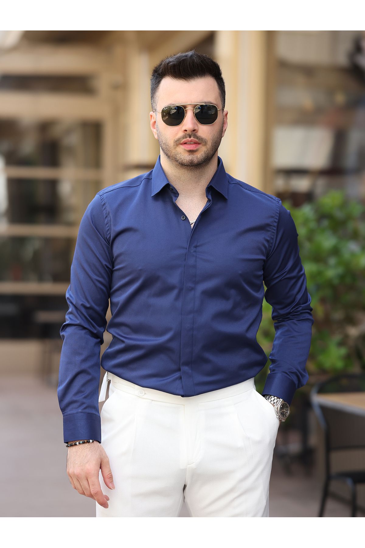 LUMAST Erkek Slim Fit Saten Pamuk Klasik Gizli Düğmeli Gömlek