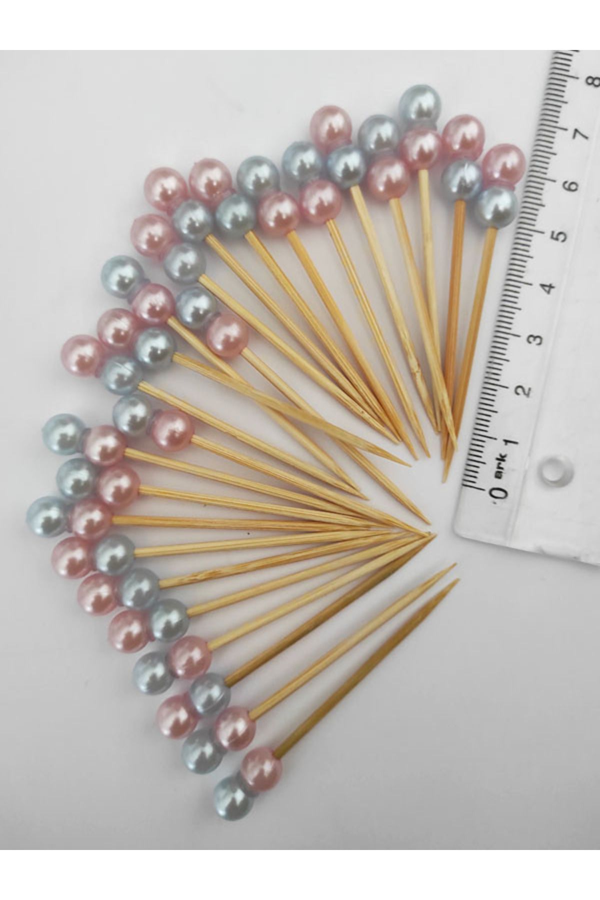 tm tasarı mağazası 25 Adet Dekoratif Pembe Mavi Çift İncili Pasta Kürdanı 6,5 cm- İnci 8 mm - İncili Kanepe Kürdanı