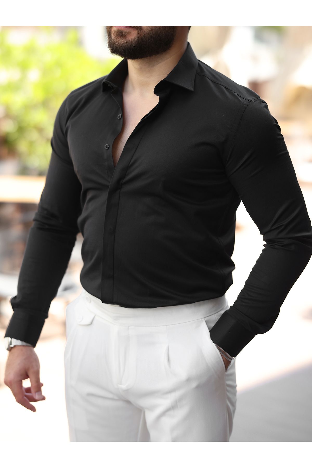 LUMAST Erkek Slim Fit Saten Pamuk Klasik Gizli Düğmeli Gömlek
