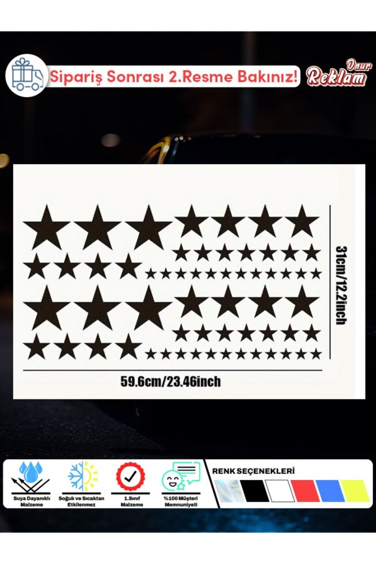 Onur Reklam Holografik Yıldız Sticker Seti – 60+ Parça | Suya Dayanıklı, Farklı Boyutlarda Parlak Tasarım