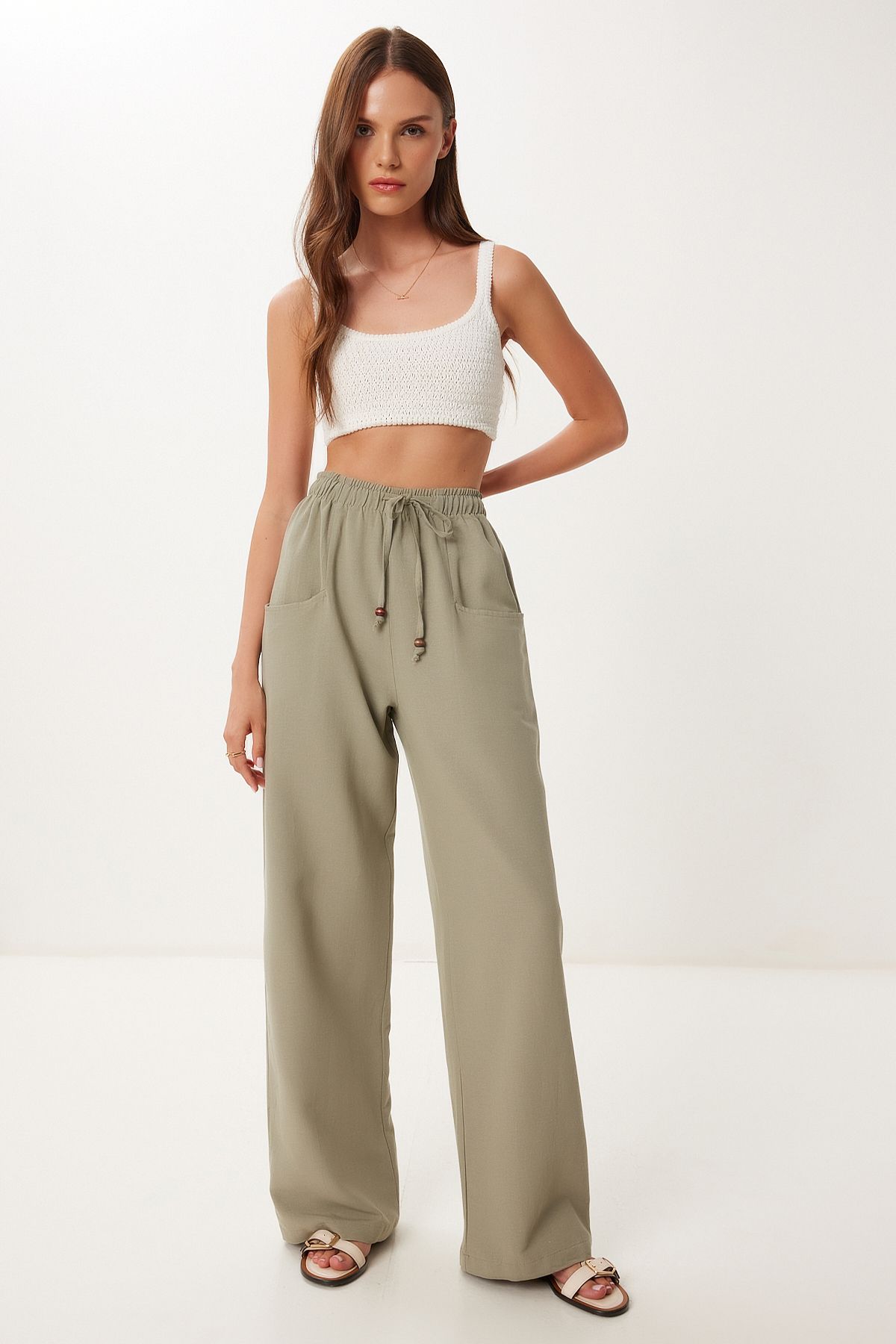 Lovelyİstanbul Cepli Geniş Paça Keten Pantolon HAKİ LBV0062