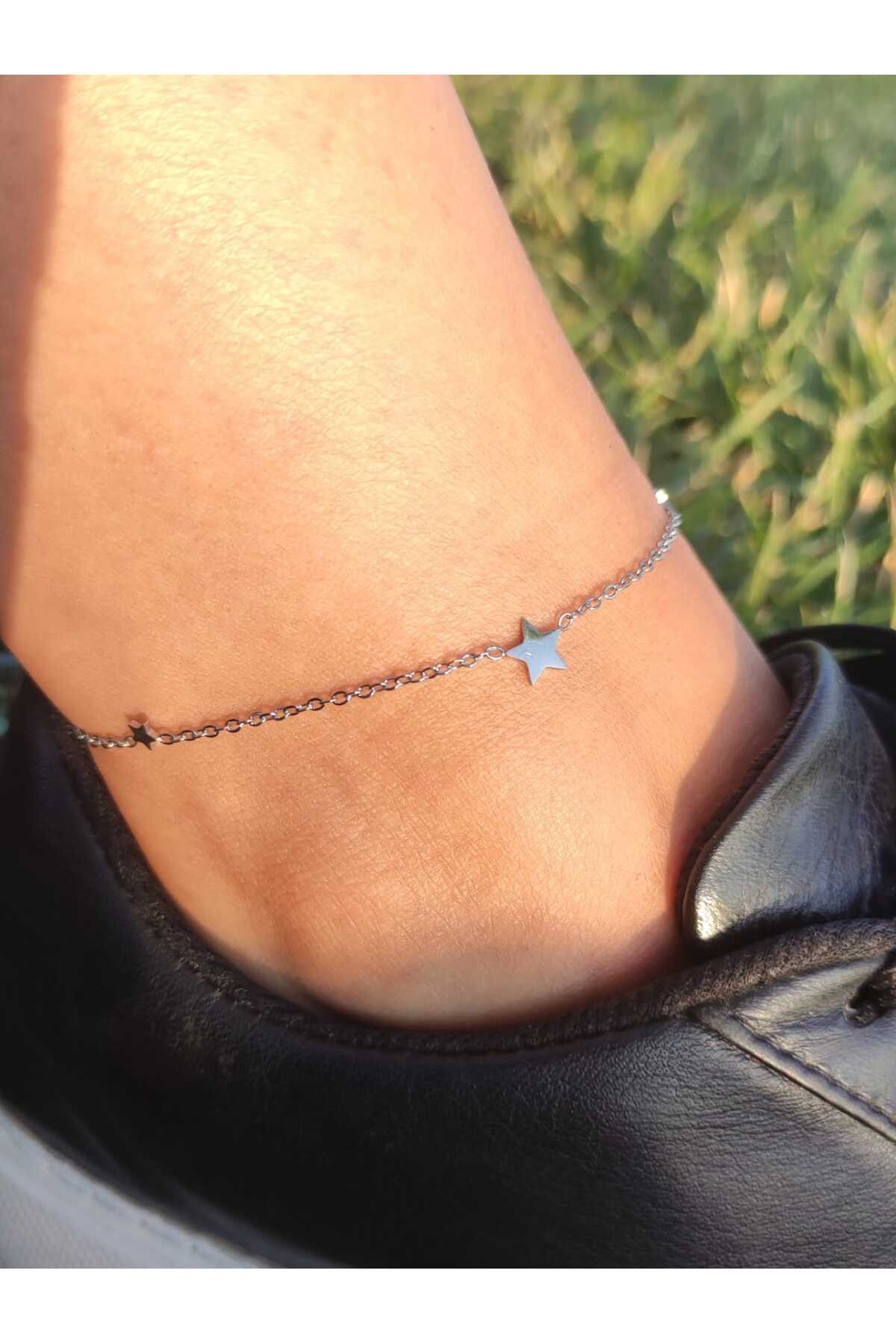 MoS JEWELLERY Paslanmaz Çelik Gümüş Renk Yıldız Desenli Zarif Halhal