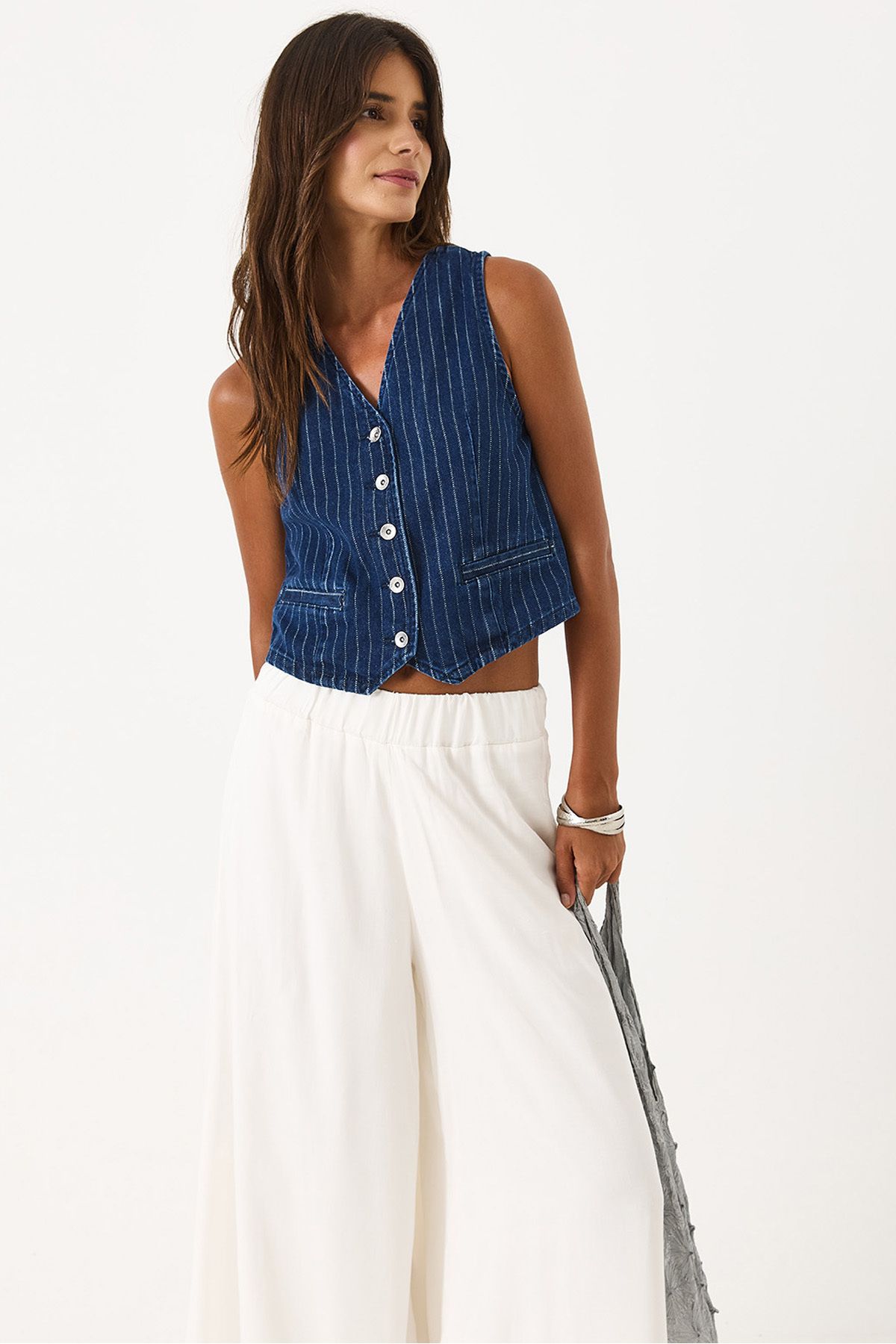 VENA-Striped Dark Blue Jean Vest - Dark Blue 6