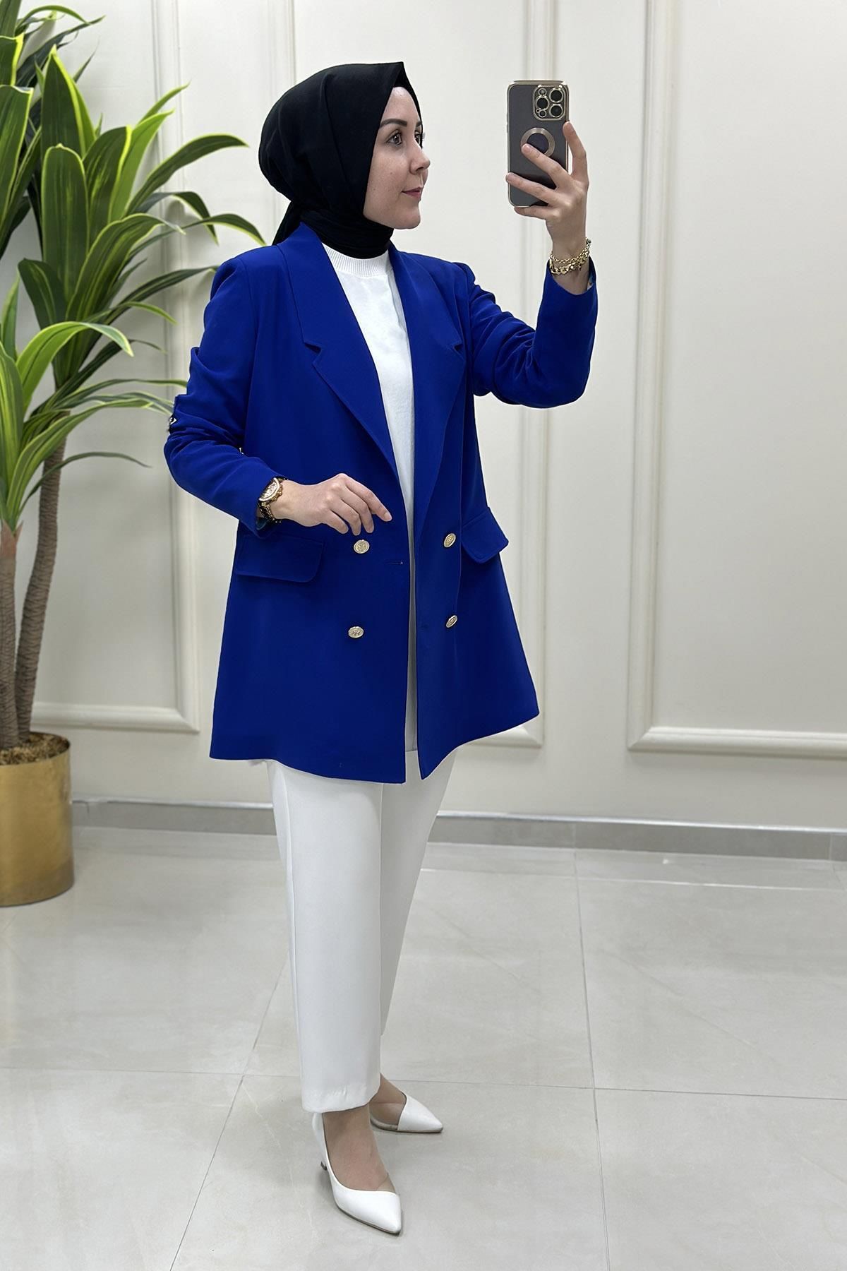 Melih Katlama Kol Desen Detaylı Blazer Kadın Ceket Saks Mavisi MLH 5109