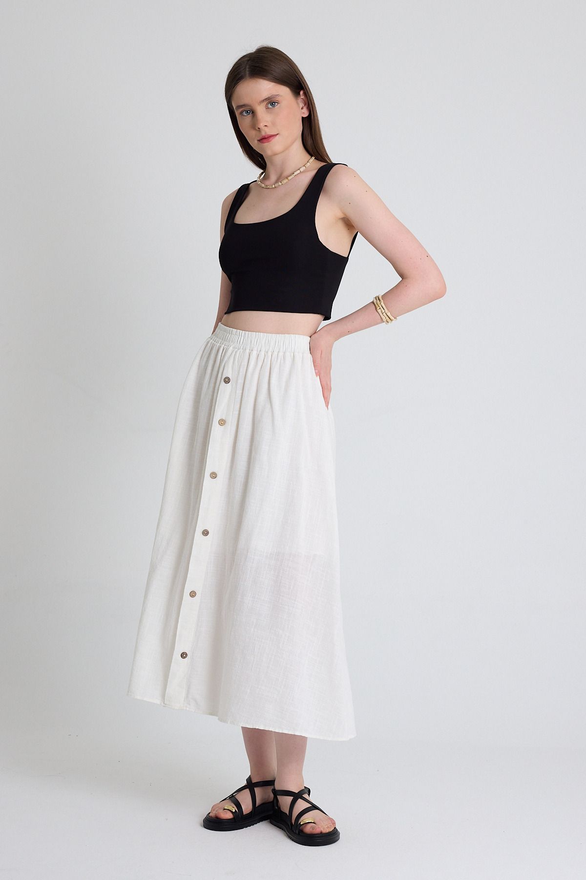 Rays-White Linen Look 100% Cotton Buttoned Midi Skirt 3419 5