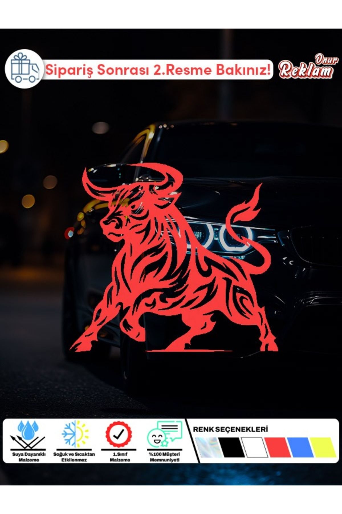 Onur Reklam Boğa Figürlü Araba Stickerı – 30x27 cm | Suya Dayanıklı, Modifiye Vinil Çıkartma
