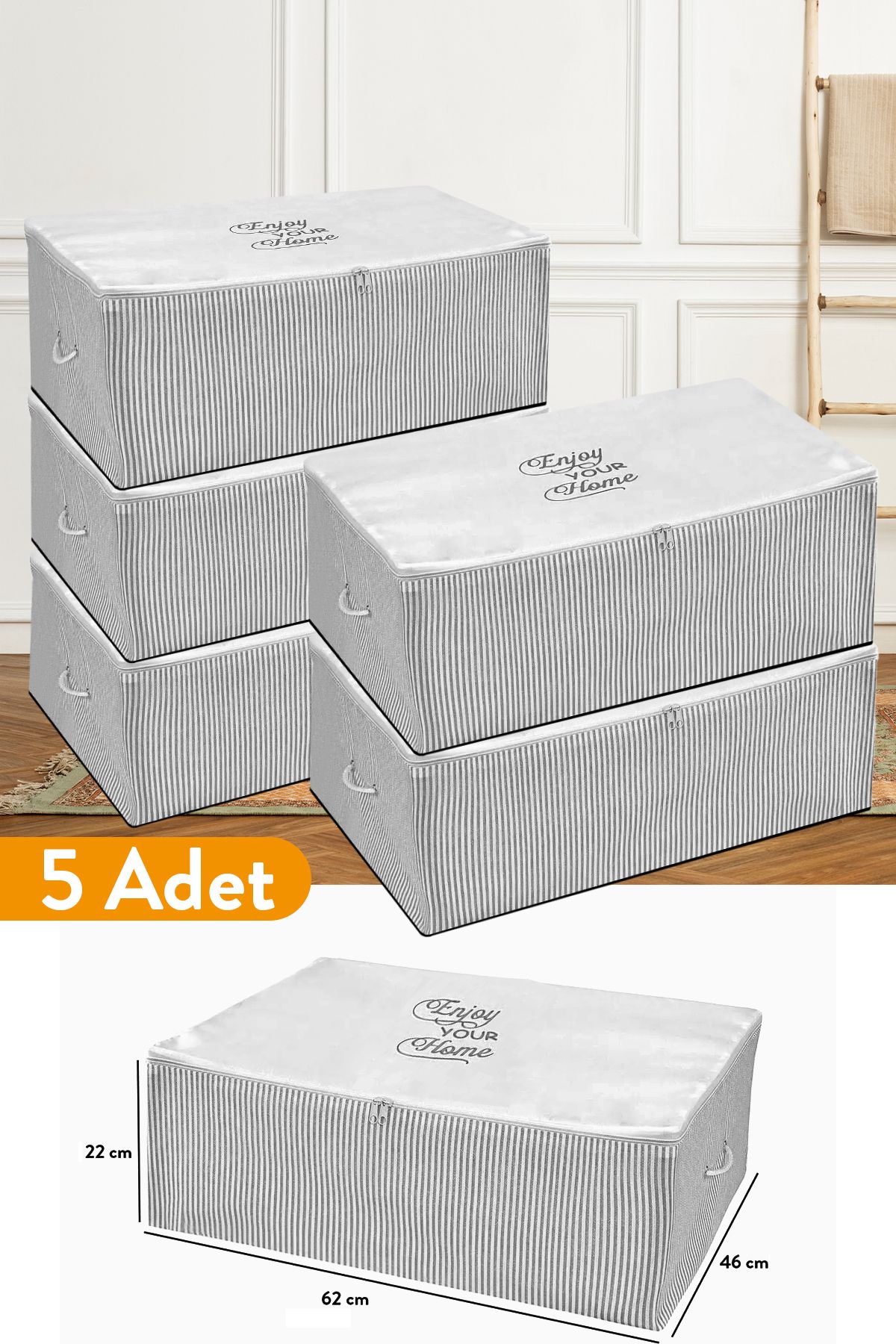 teknotrust 5'li Gri Çizgili Büyük Boy Baza Altı Hurç, 62x46x22 cm