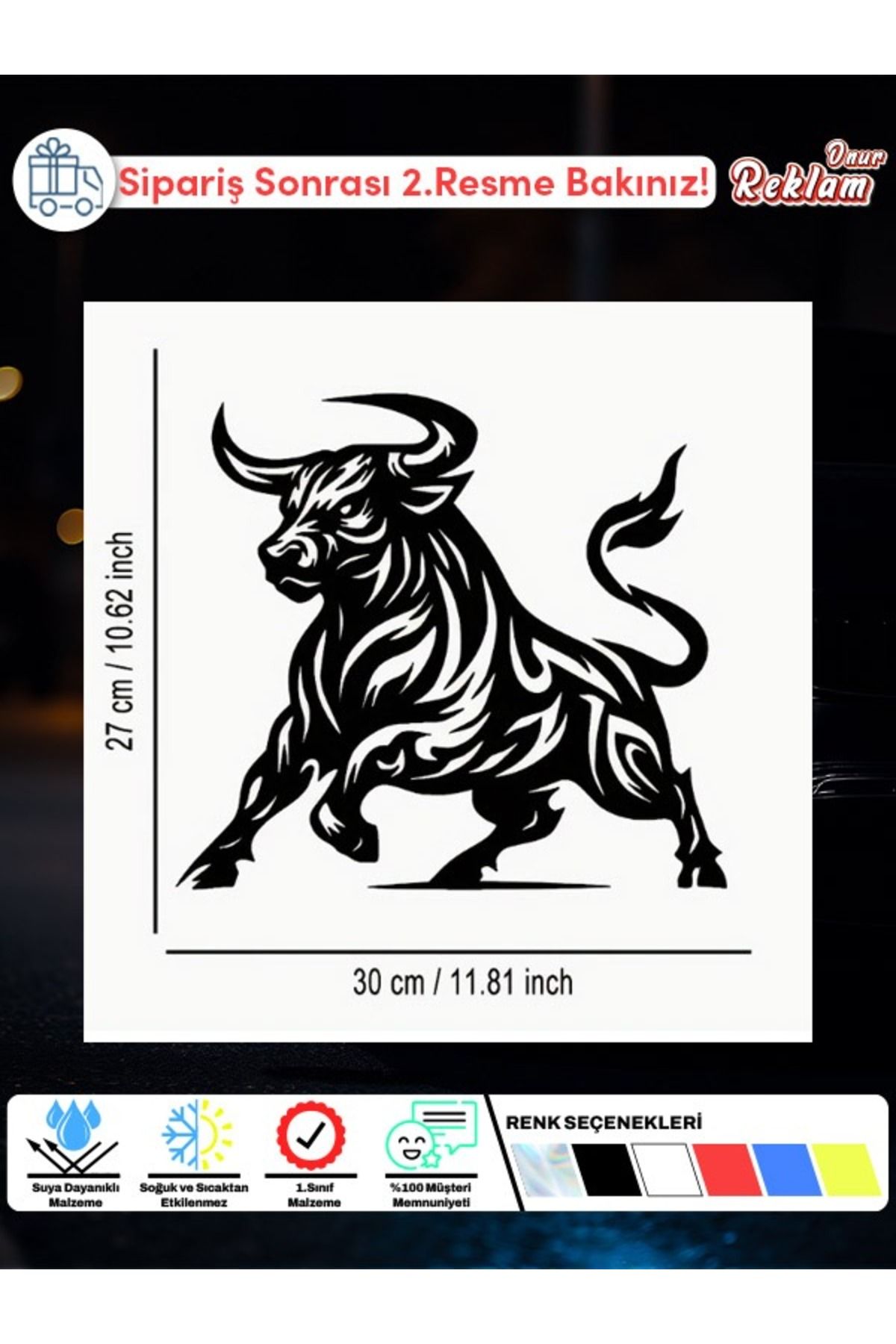 Onur Reklam Boğa Figürlü Araba Stickerı – 30x27 cm | Suya Dayanıklı, Modifiye Vinil Çıkartma