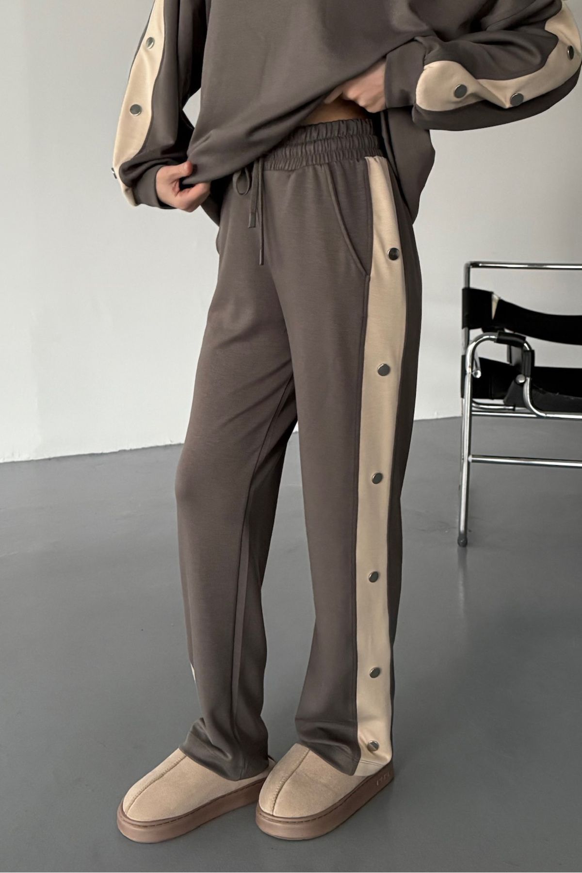 Cappmoda İND-1110 Füme Modal Kumaş Çıtçıtlı Palazzo Pantolon