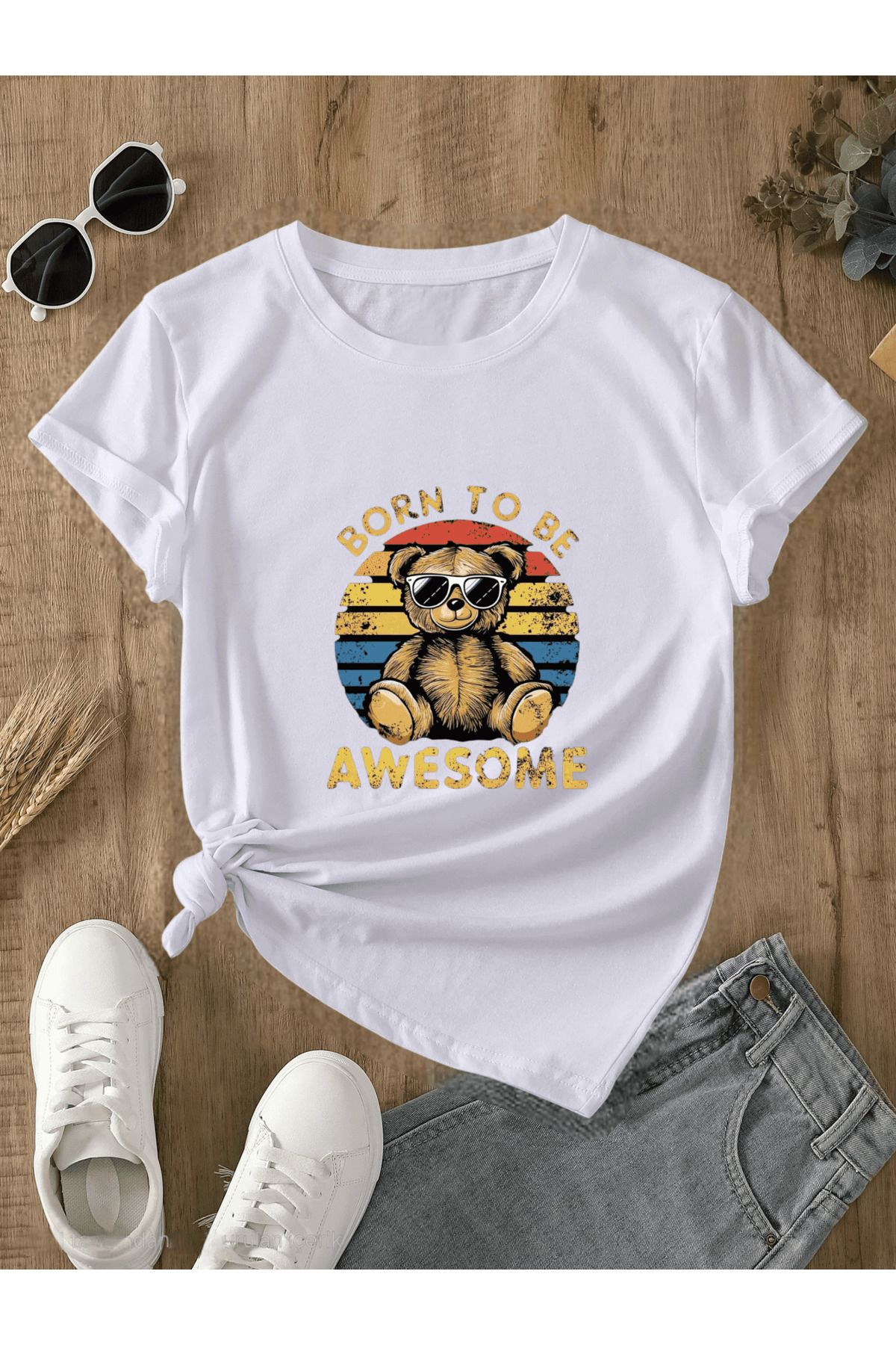 ELNOYA Unisex Pamuklu Oversize "Born To Be Ousome" Baskılı Bisiklet Yaka Rahat T-shirt