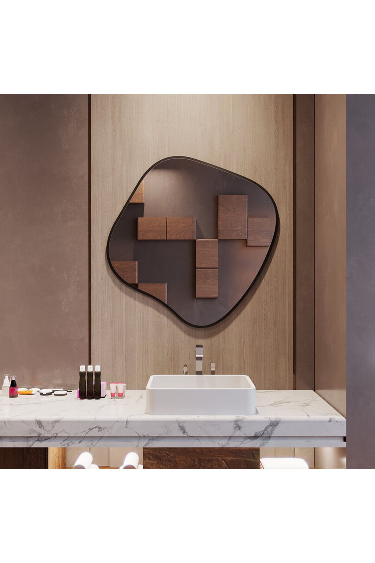 Aypars Atölye Sanatsal Asimetrik Ayna – Siyah Çerçeveli Modern Ayna, Konsept Banyo ve Salon Tasarımı