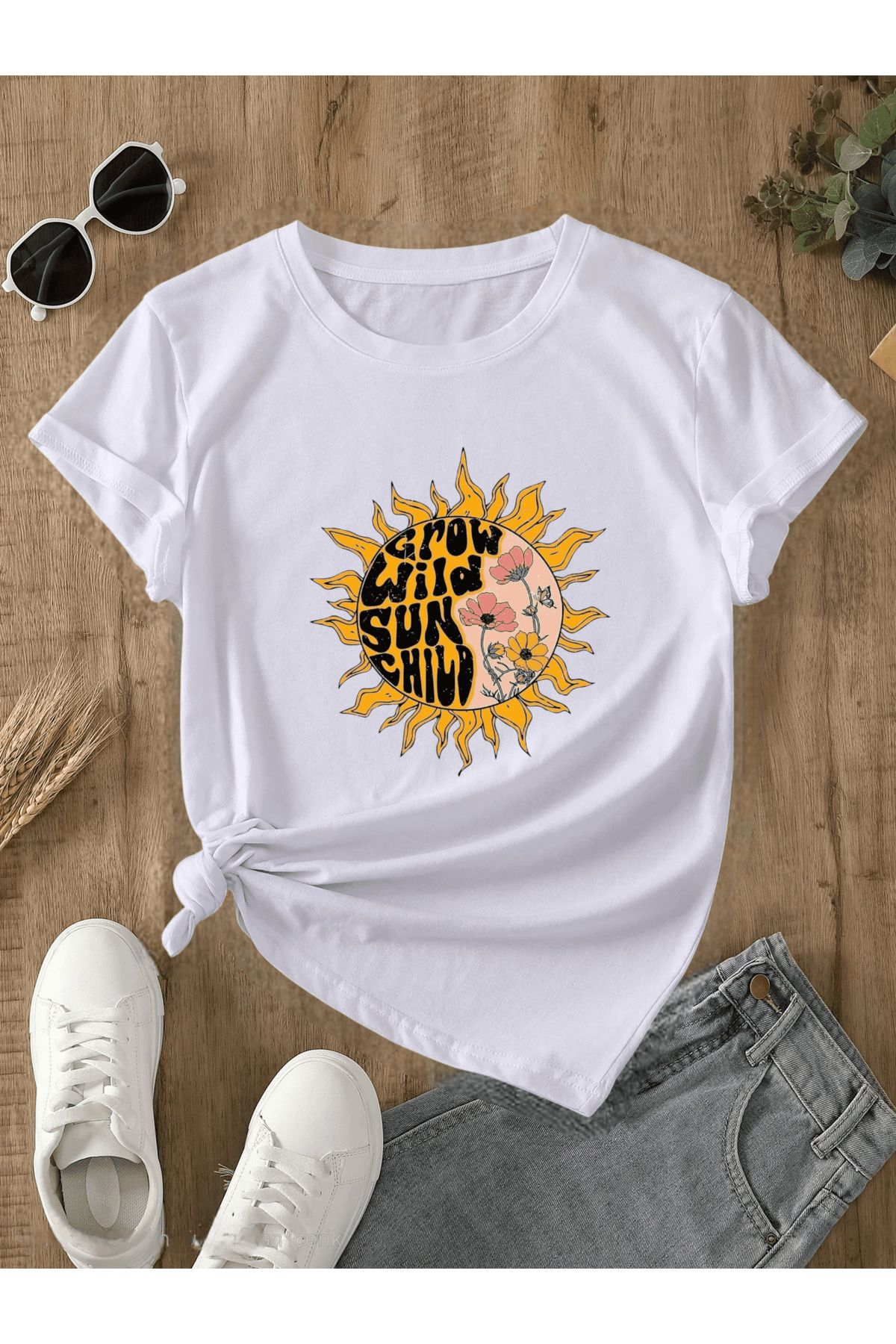 ELNOYA Unisex Pamuklu Beyaz Oversize "Güneş" Baskılı Bisiklet Yaka Rahat T-shirt