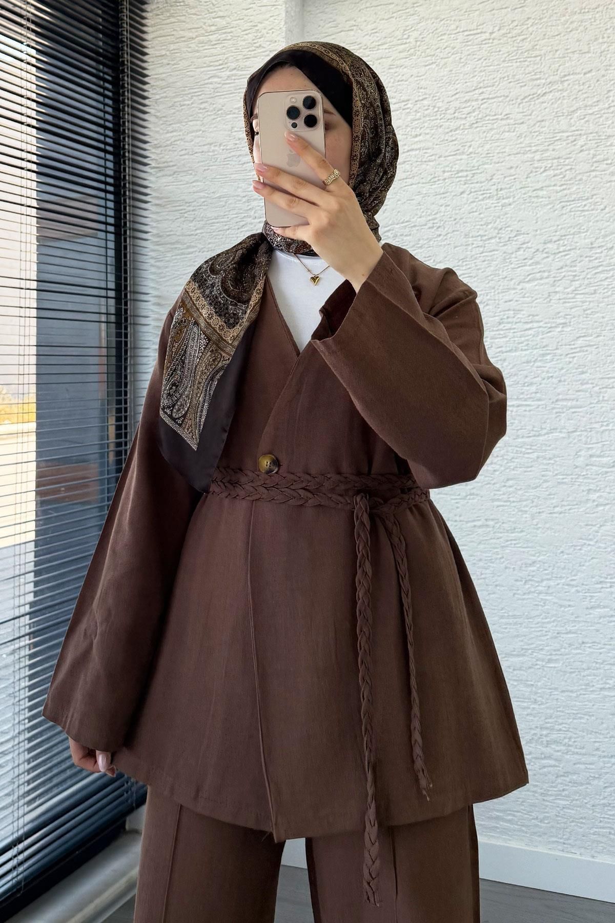 MELEK ARAZ Örgü Kemerli Keten Kimono Takım - Kahverengi