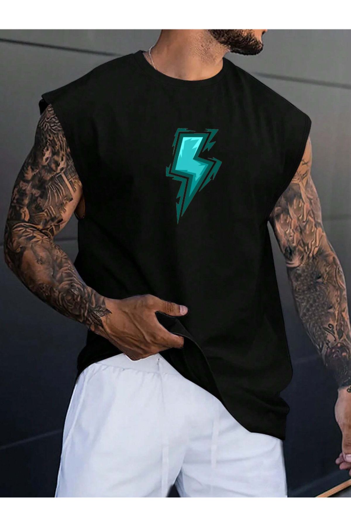 COHERENT Erkek ŞİMŞEK Özel Baskılı Oversize Pamuklu 0 Kol T-Shirt Tişört