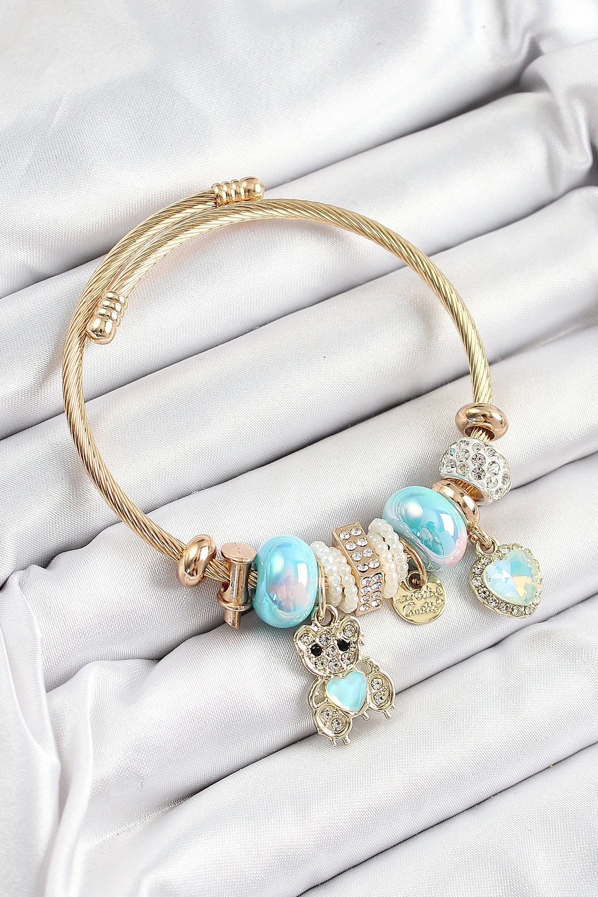 Clariss 316L Çelik Mavi Zirkon Taşlı Ayıcık Ve Kalp Model Gold Renk Charm Bileklik