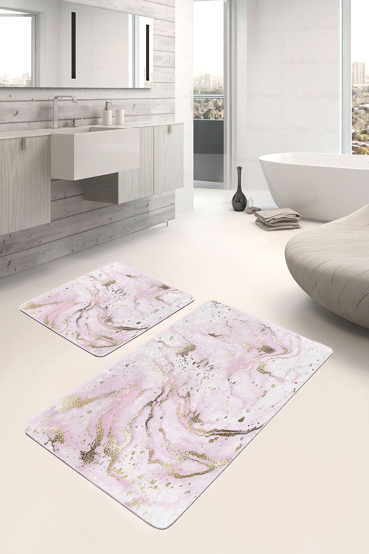 Realhomes 2'li Set Pembe Gold Zeminde Altın Motifli Mermer Desenli Modern Sade & Şık 2'li Banyo Paspas Takımı