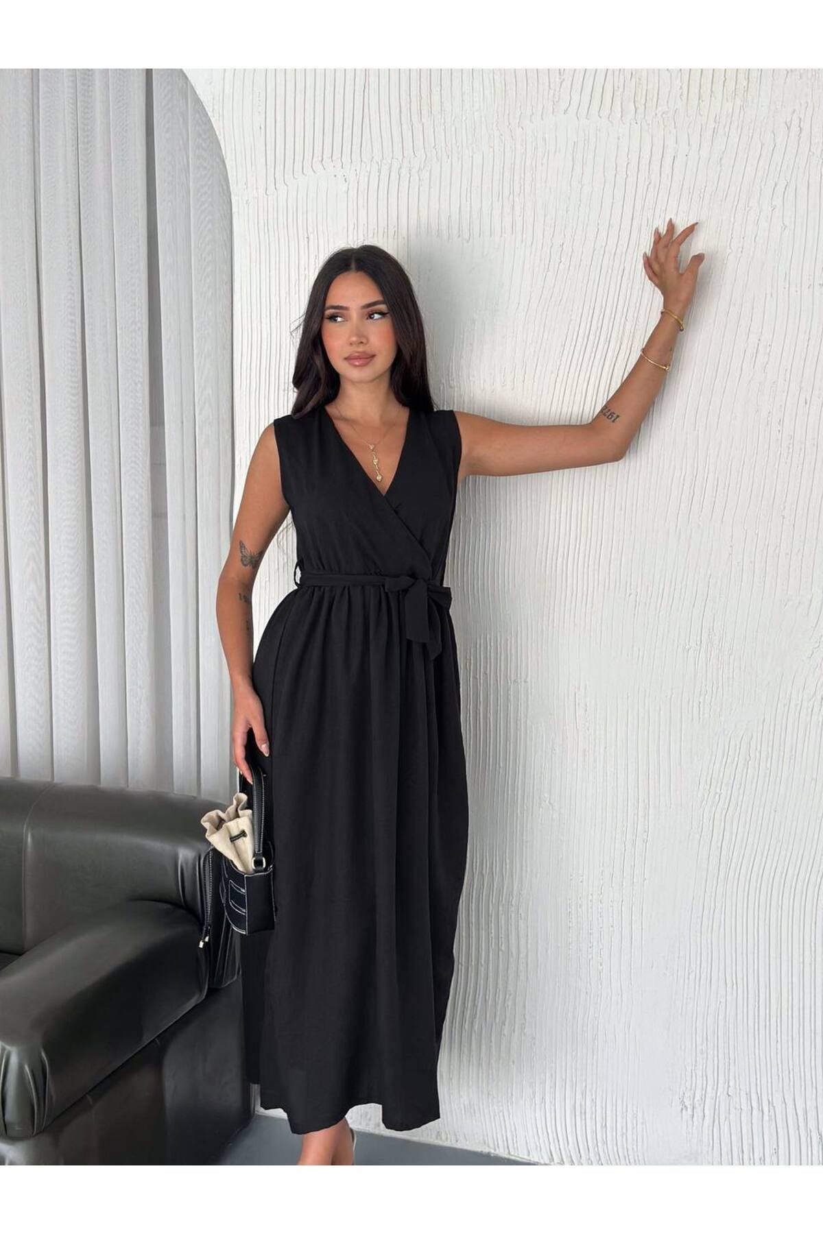 Noa Noa Kruvaze Yakalı Kuşaklı Uzun Elbise