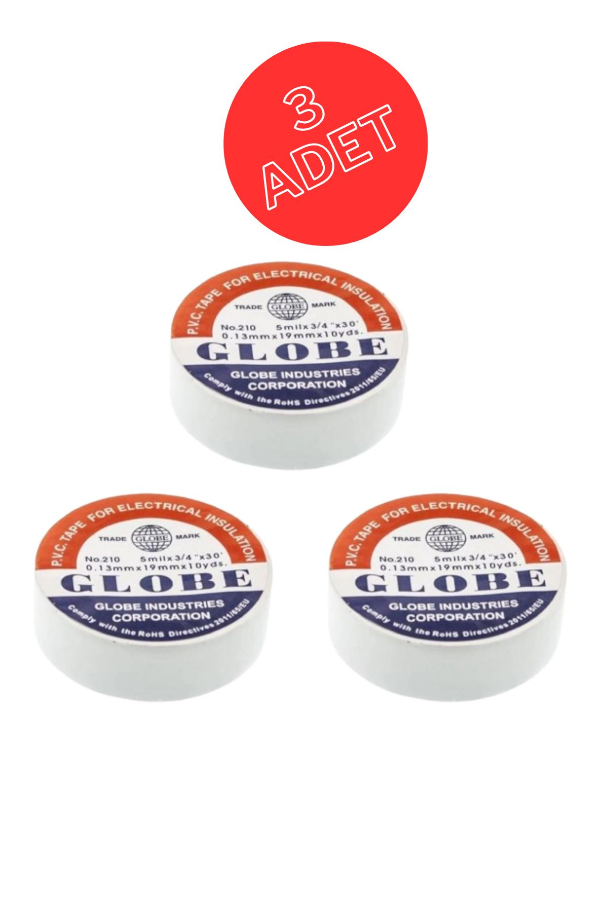Globe 3 Adet Pvc İzolasyon Elektrik Bant "0.13xmm19xmm10yds" (BEYAZ)