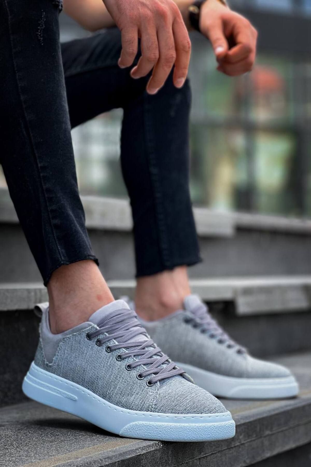 pabucmarketi Bağcıklı Keten Erkek Hı Sneaker GRİ (BEYAZ TABAN)