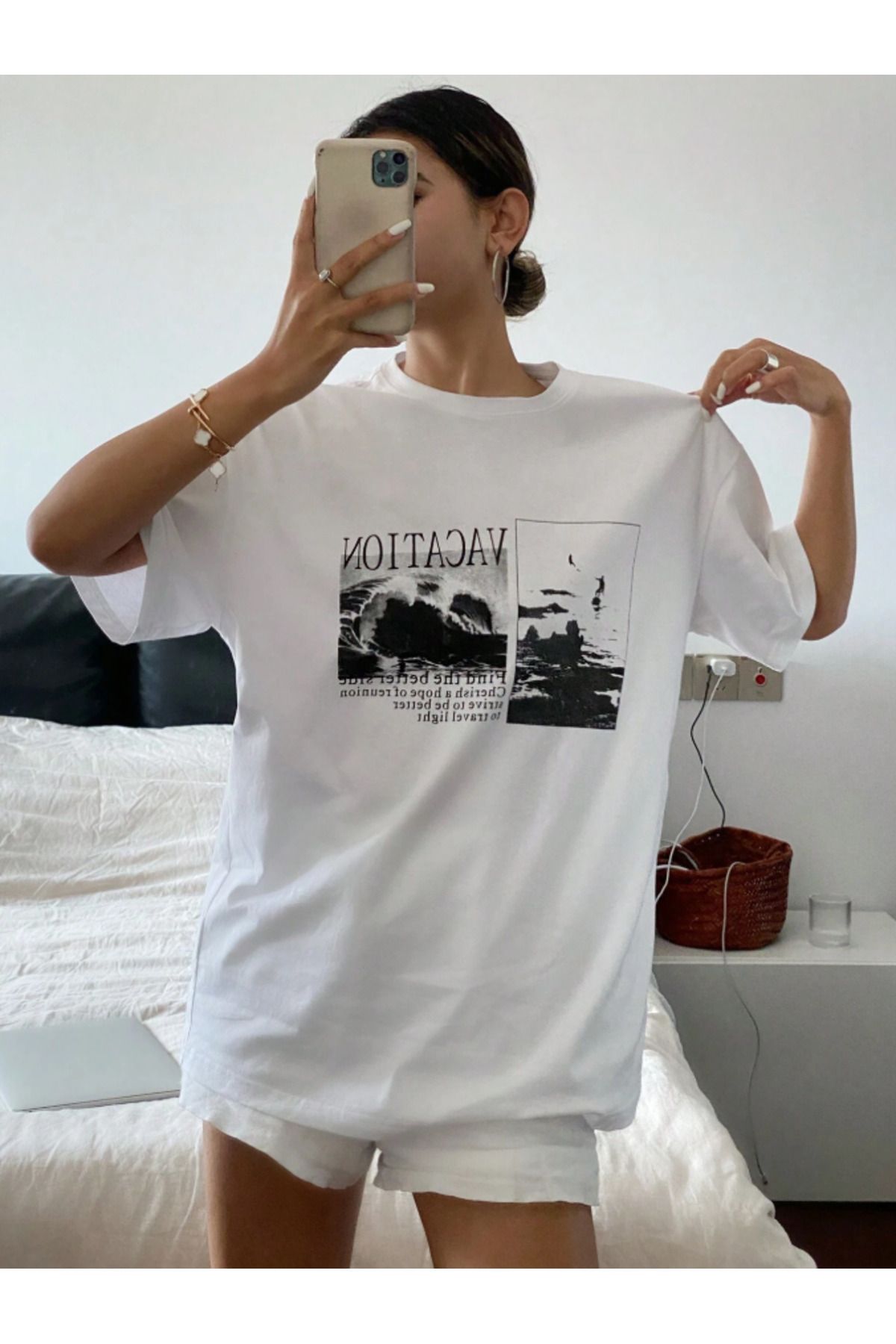 COHERENT Unisex Erkek/Kadın VACATİON Özel Baskılı Oversize Pamuklu T-Shirt