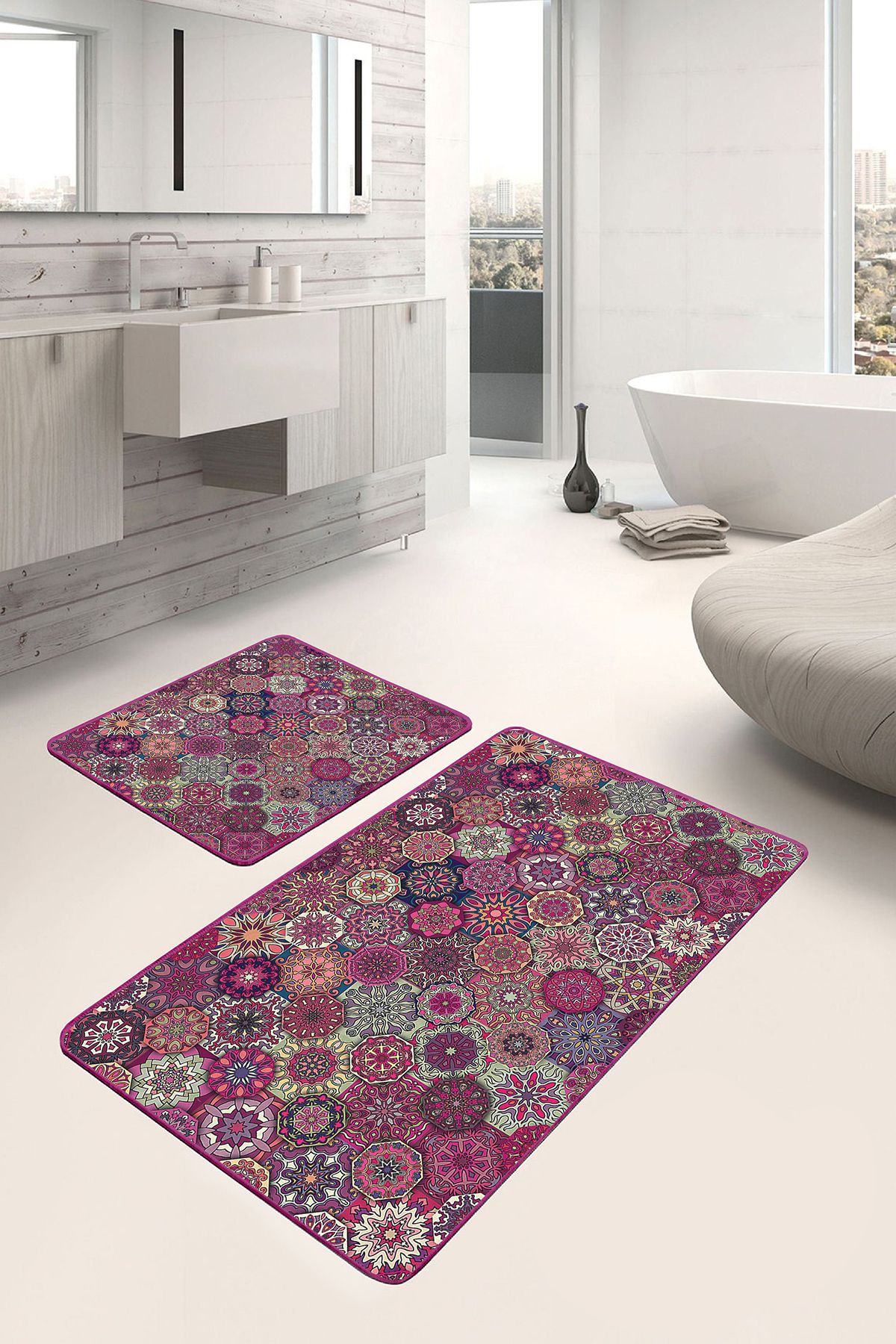 Realhomes 2'li Set Kırmızı Zeminde Patchwork Motifli Geleneksel Geometrik Vintage 2'li Banyo Paspas Takımı