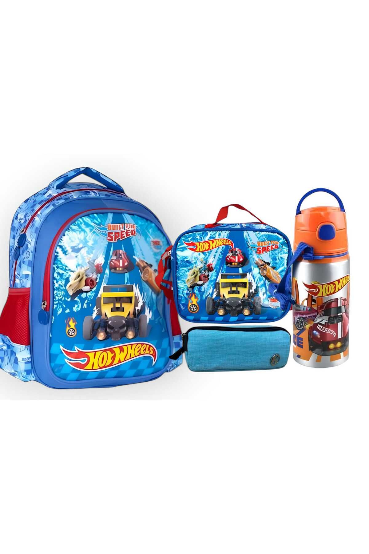 HOT WHEELS Lisanslı Anaokulu Çantası , Lisanslı Çift Gözlü Kalem Çantası -500 ml Alüminyum Matara Hediye