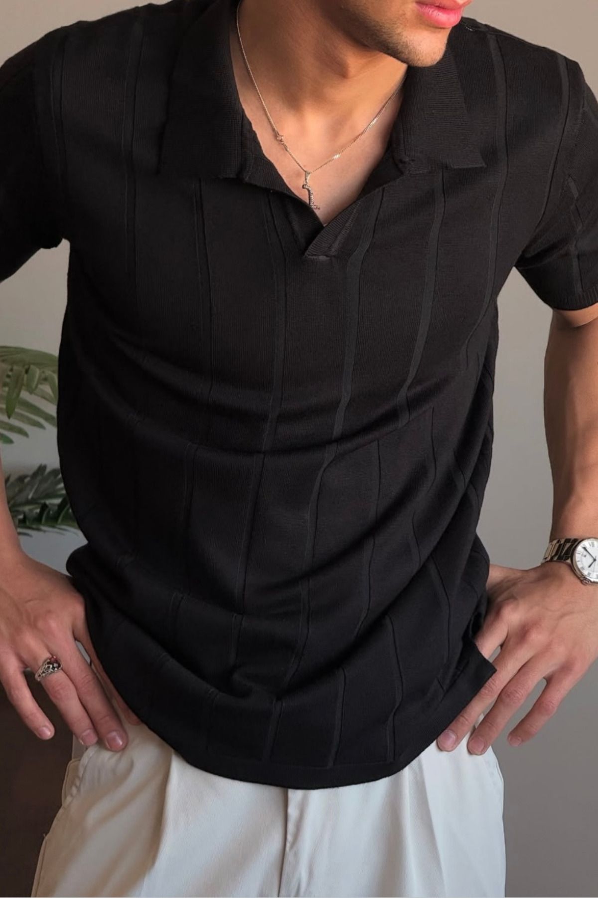 Tarz Cool Erkek Siyah Çizgili Kısa Kollu Triko T-Shirt