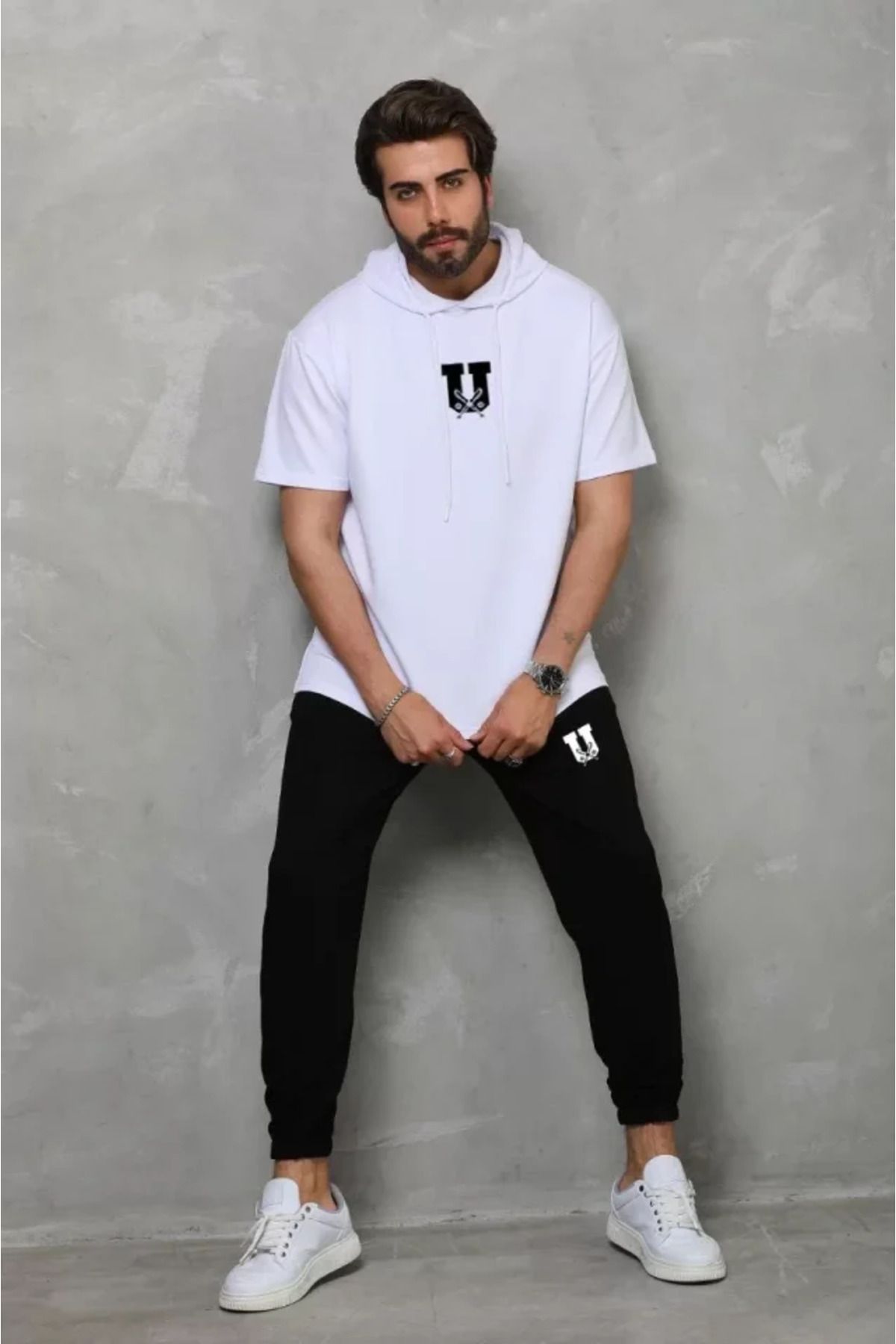ETİLER COLLECTION Unisex Kapşonlu Oversize T-Shirt Takım - Beyaz