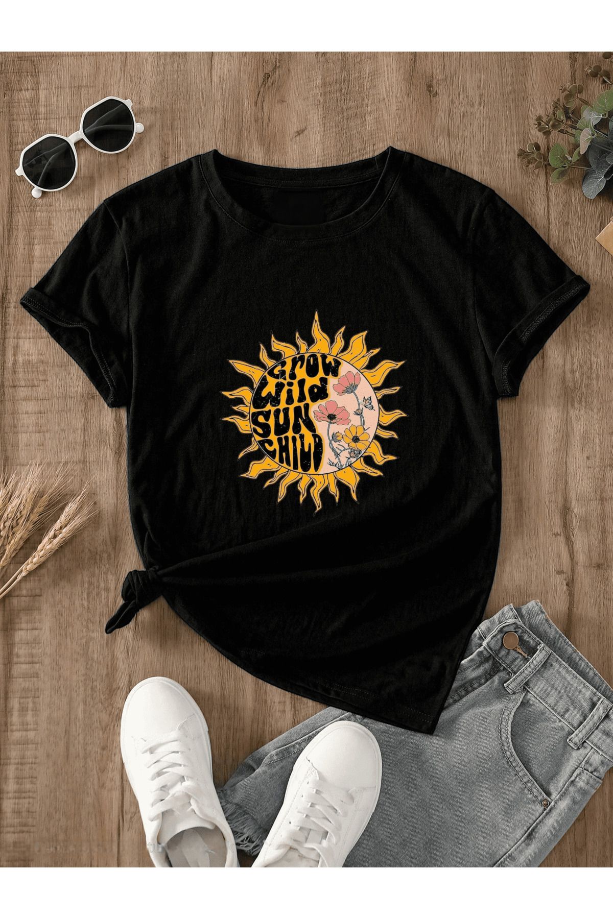 ELNOYA Unisex Pamuklu Siyah Oversize "Güneş" Baskılı Bisiklet Yaka Rahat T-shirt