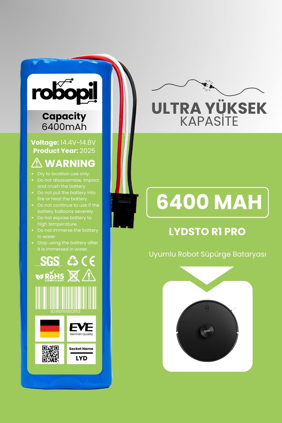 ROBOPİL Lydsto R1 Pro Pil Batarya [Ultra Yüksek Kapasite] 6400mah Akıllı Robot Süpürge Bataryası Değişimi