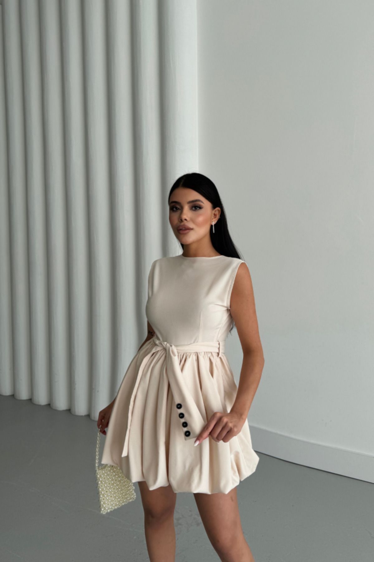ETİLER COLLECTION BALON ETEKLİ TASARIM KISA ELBİSE - Bej