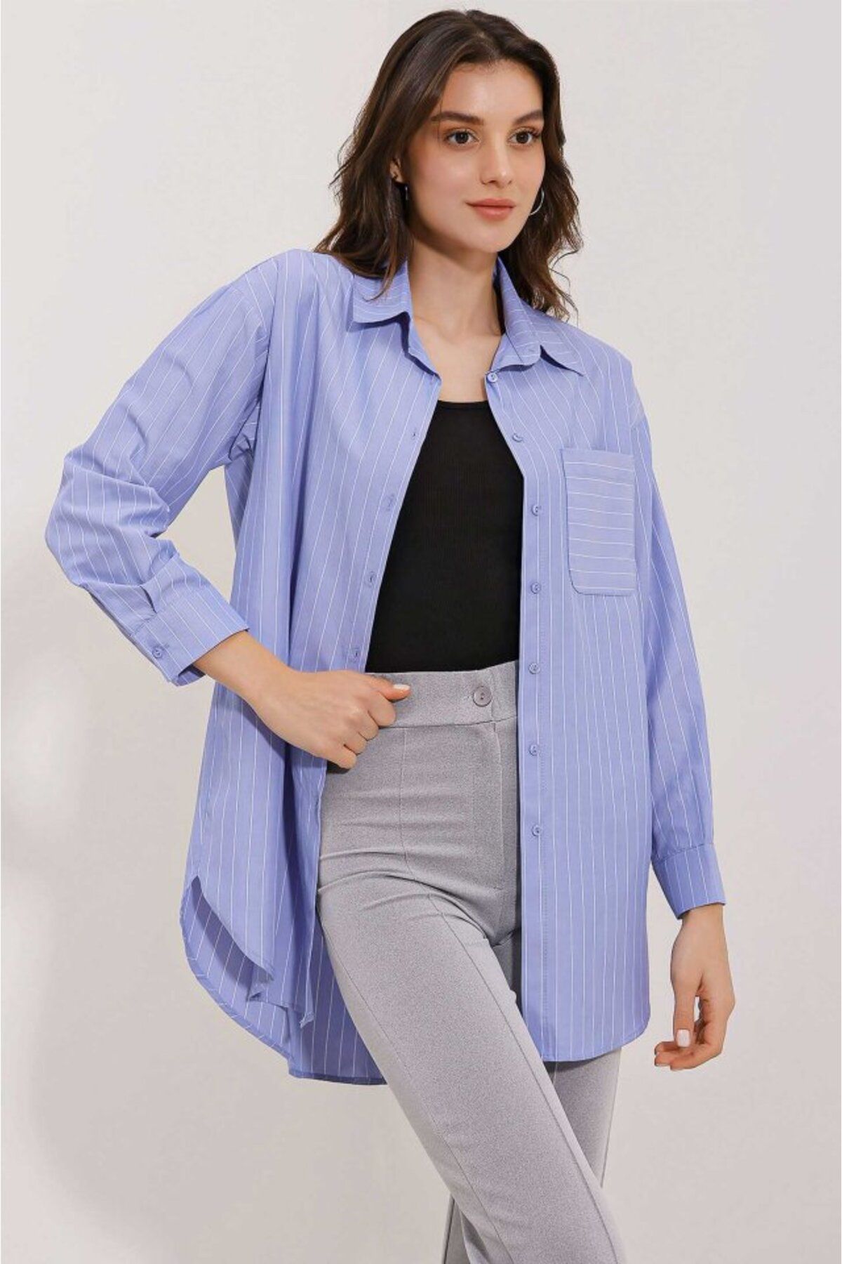 ETİLER COLLECTION 20217 Cep Detaylı Çizgili Oversize Gömlek - İndigo