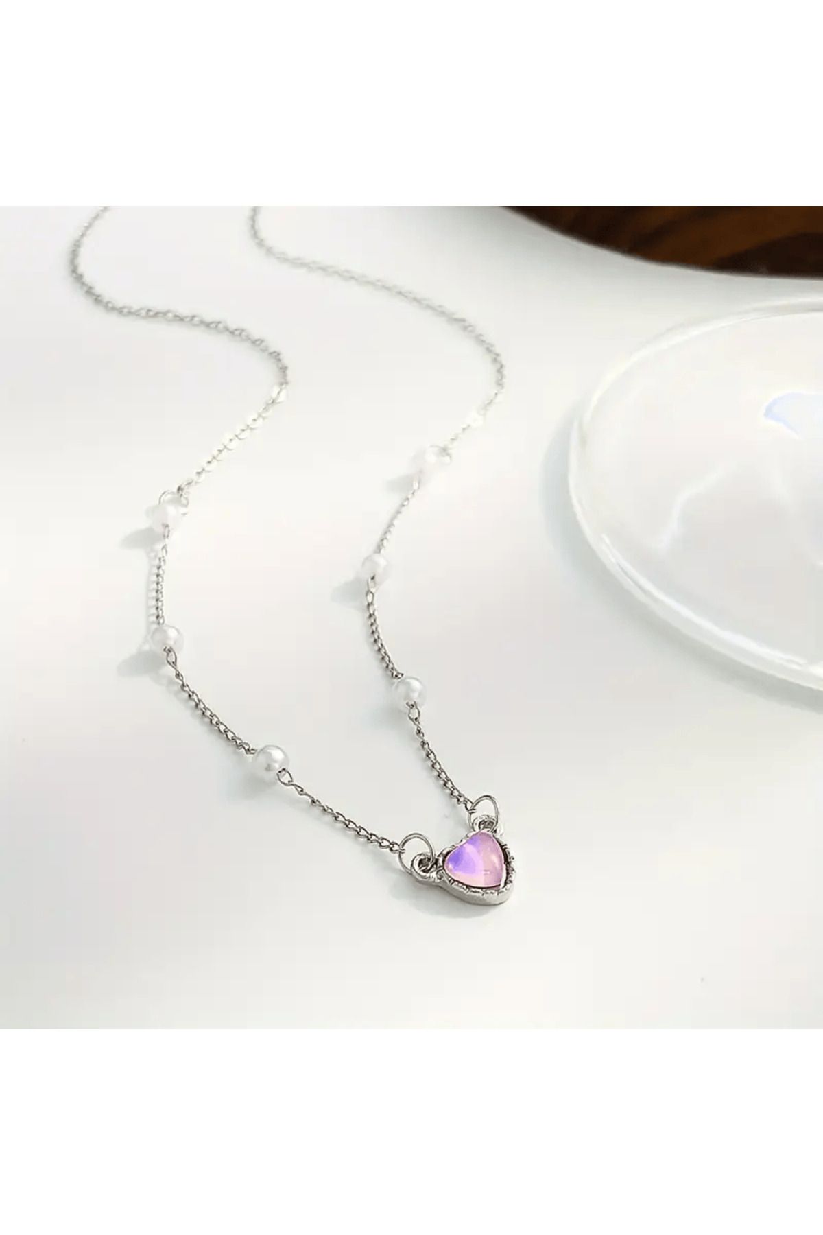 Kaan Accessoire Pembe Kalp Boncuk Detaylı Zincir Kolye