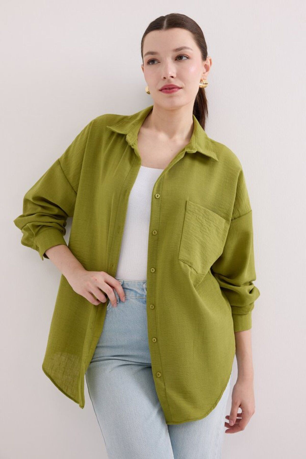 ETİLER COLLECTION 20153 Tek Cepli Oversize Keten Gömlek - A.Yeşil