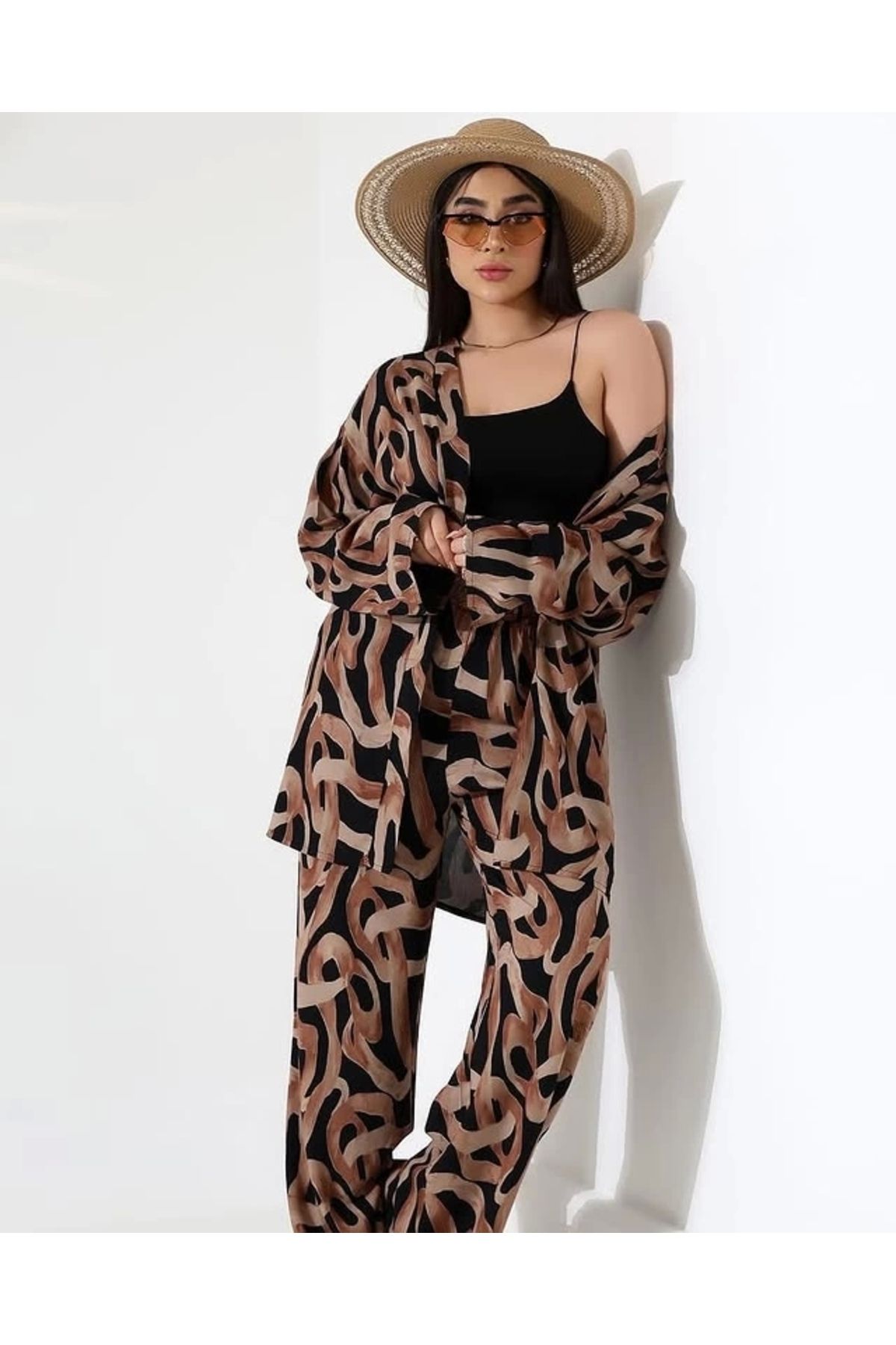 buHillco Kadın Kahverengi Desenli Kimono Pantolon Takım