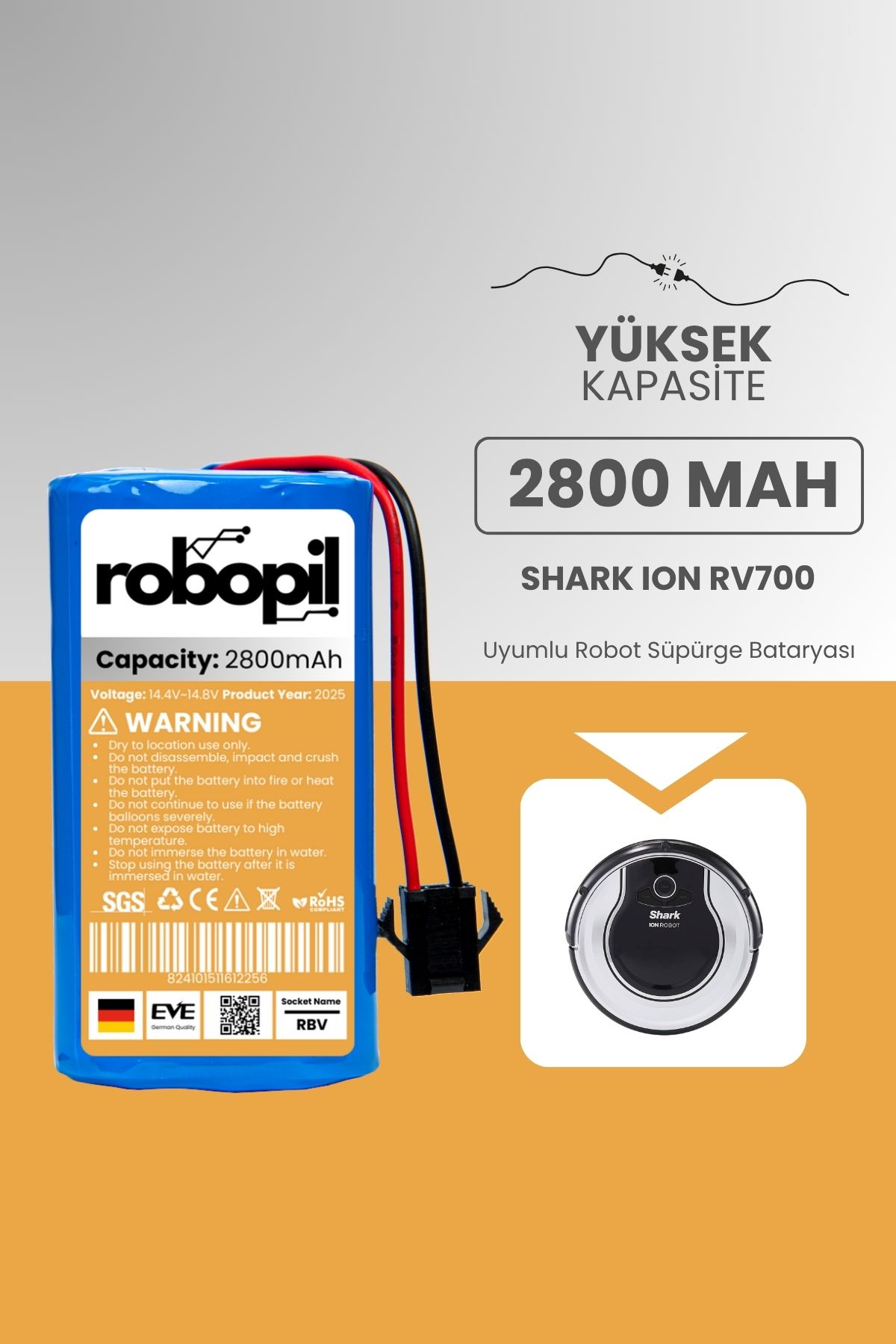 ROBOPİL Shark Ion Rv700 Pil Batarya [Yüksek Kapasite] 2800mah Akıllı Robot Süpürge Bataryası Değişimi