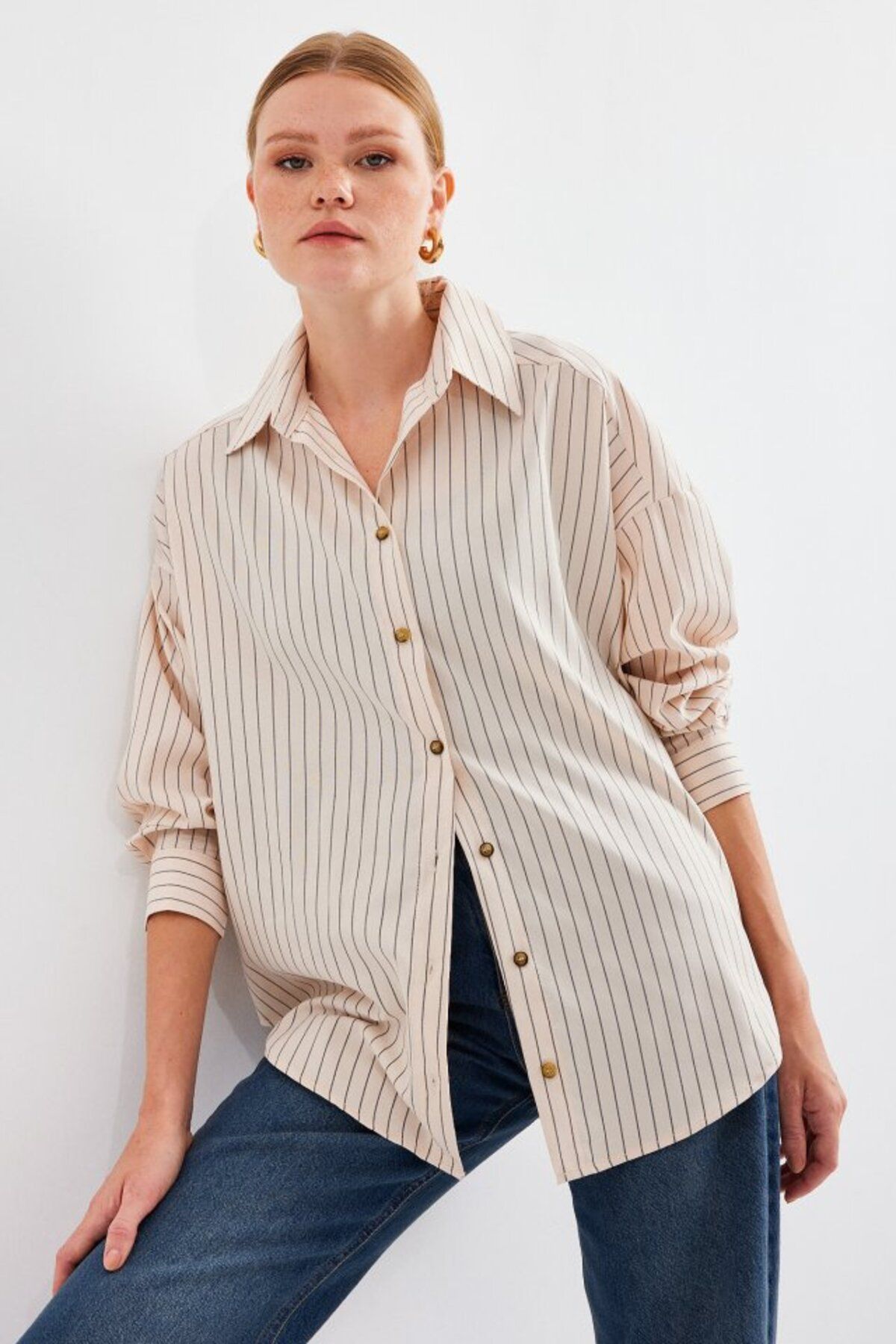 ETİLER COLLECTION 20208 Çizgili Oversize Uzun Basic Gömlek - Krem