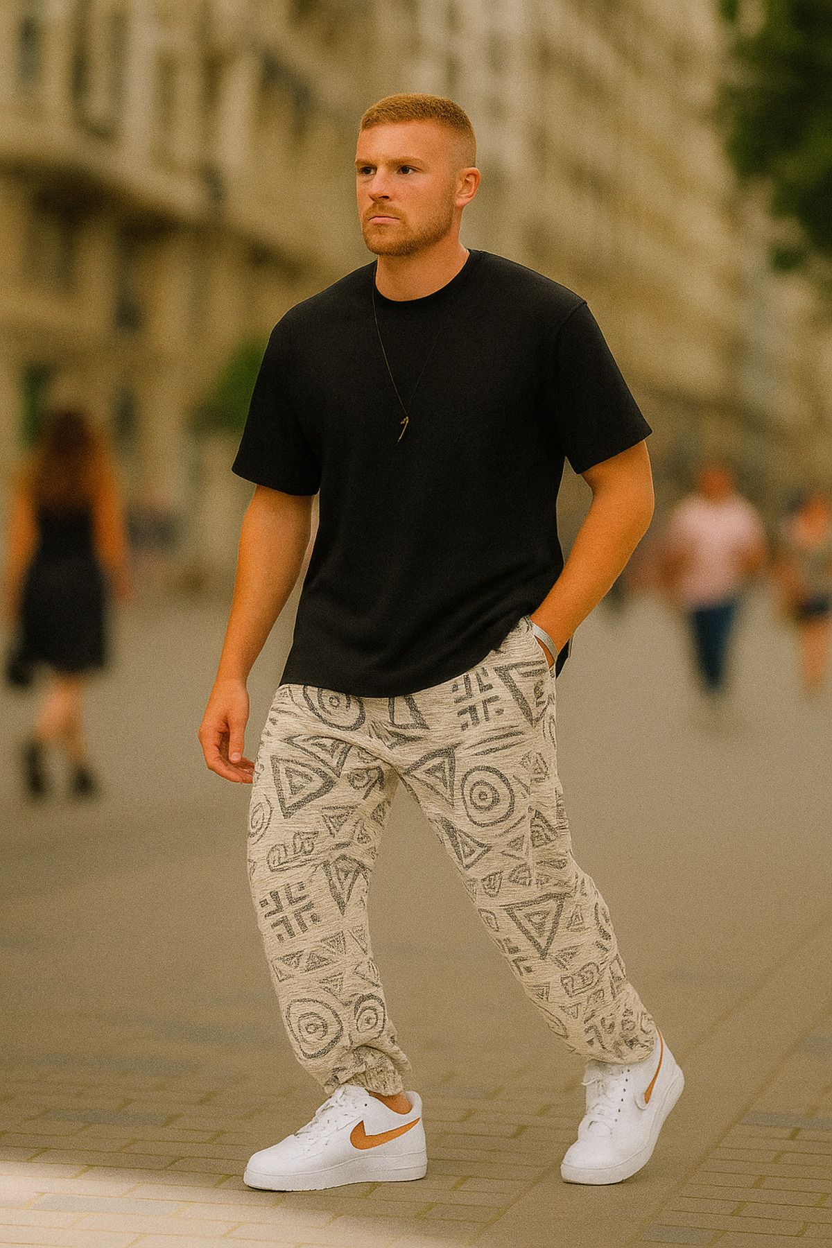 SUPERBLUE Erkek Desenli Krem Baggy Jogger Şalvar Pantolon