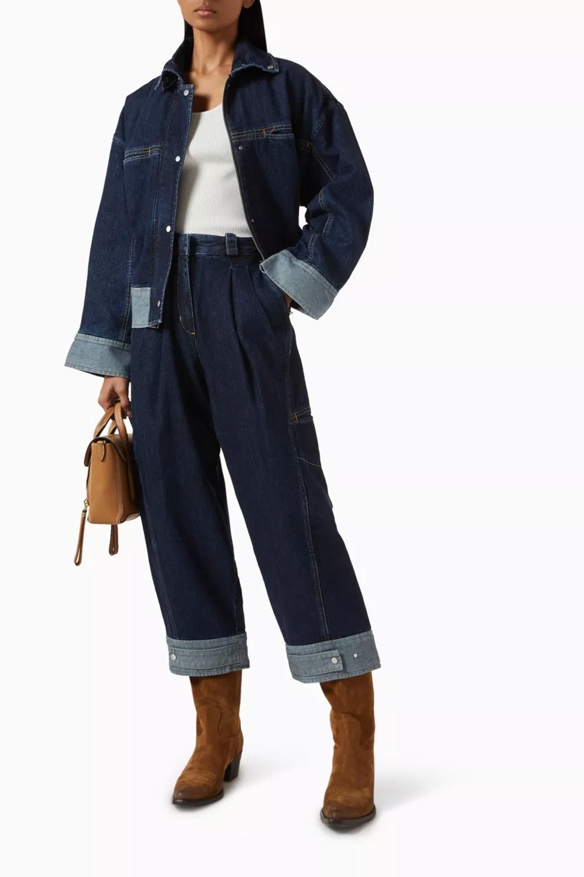 3.1 Phillip Lim Kavisli Paçalı Kısa Kot Pantolon Lacivert, Bol Kesim, Dikiş Detaylı