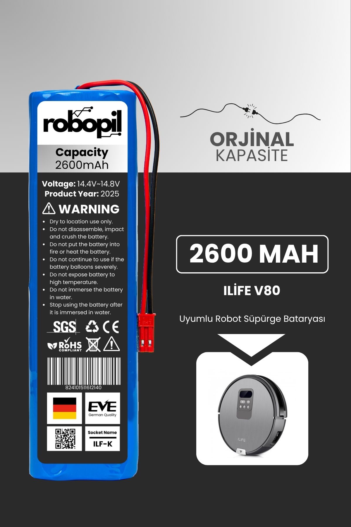 ROBOPİL Ilife V80 Pil Batarya [Standart Kapasite] 2600mah Akıllı Robot Süpürge Bataryası Değişimi