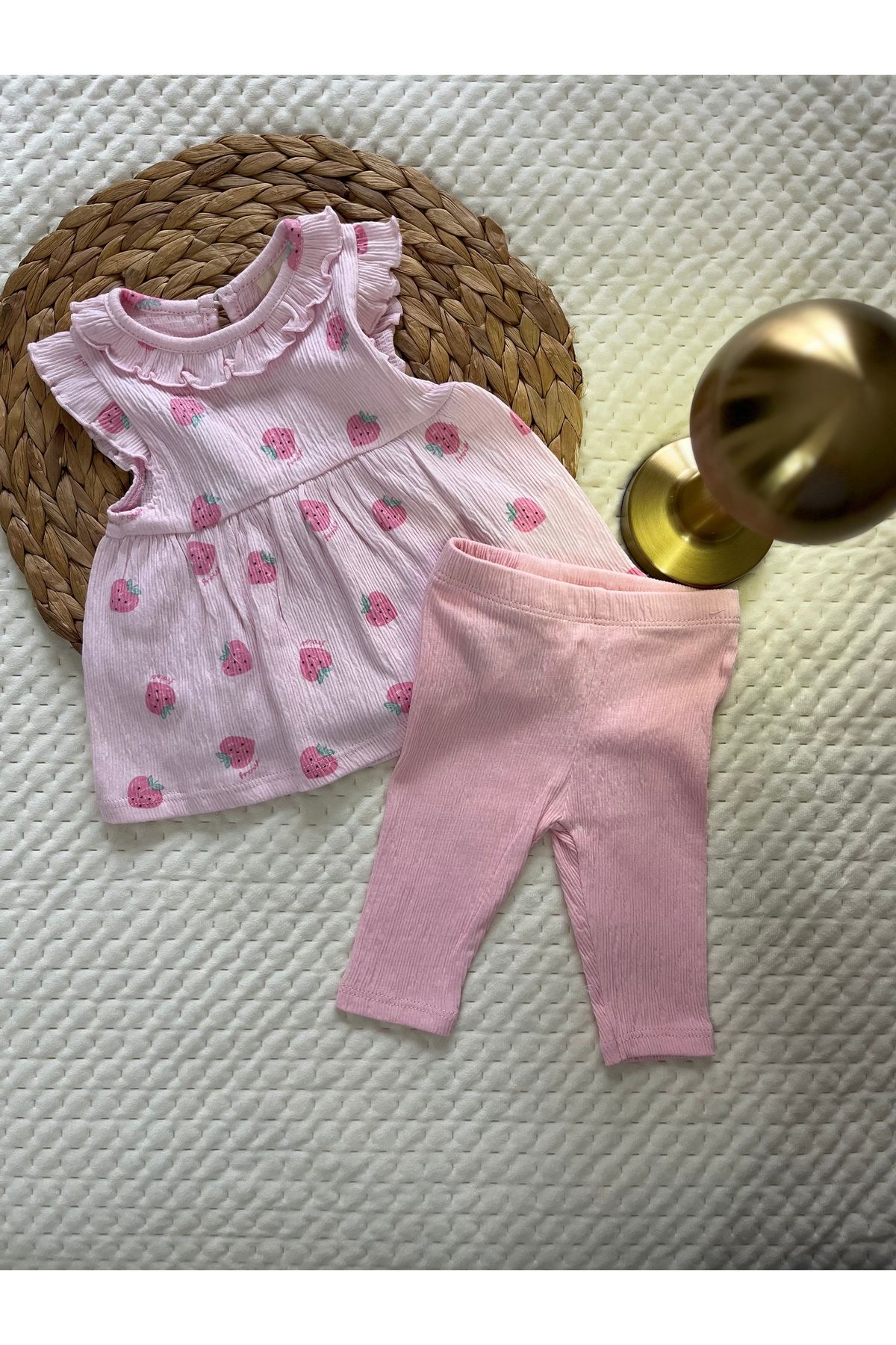 Original Kız Bebek 2’li Takım – Çilek Desenli Bluz & Pembe Tayt